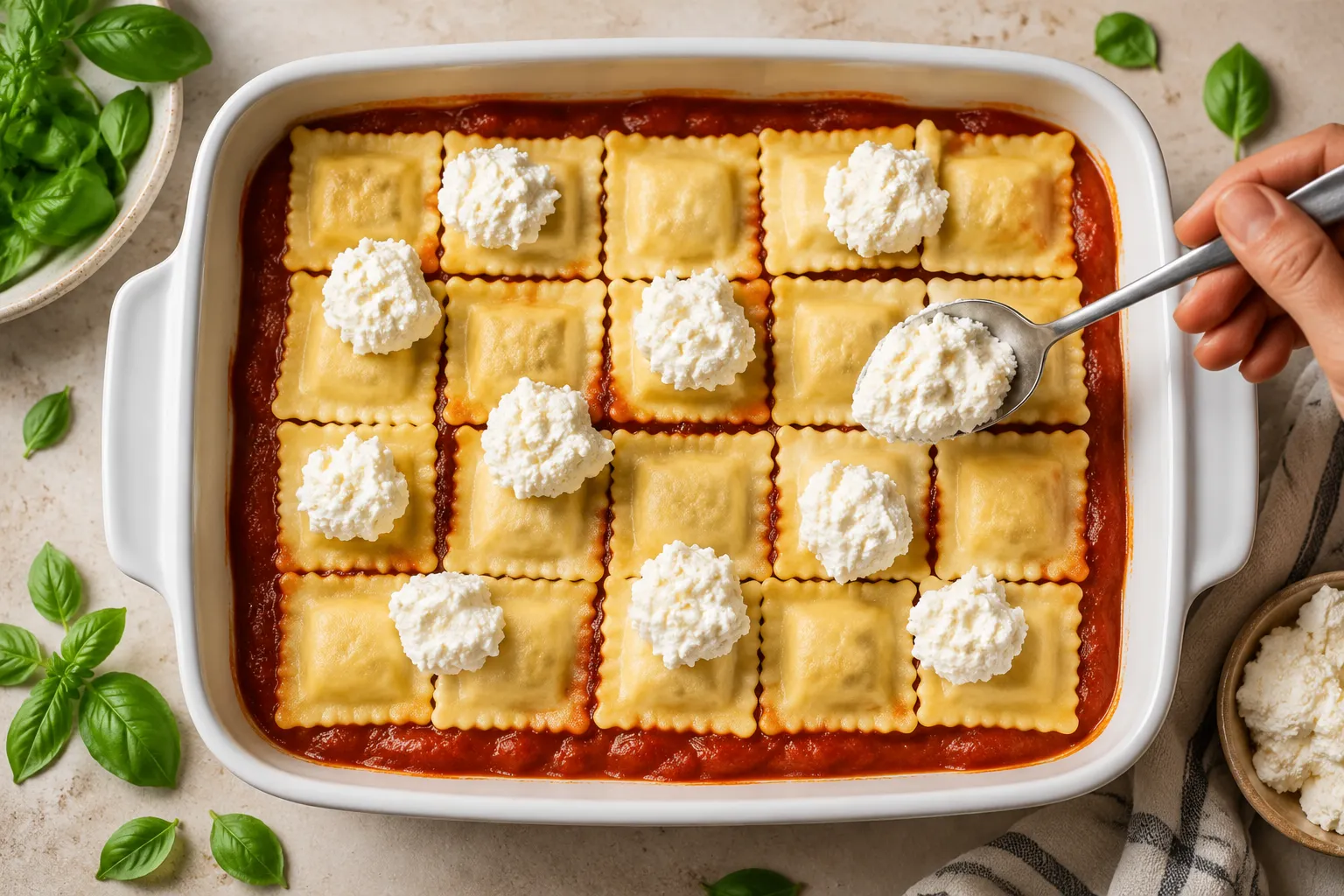 Layering cheese ravioli and ricotta for the ravioli bake recipe