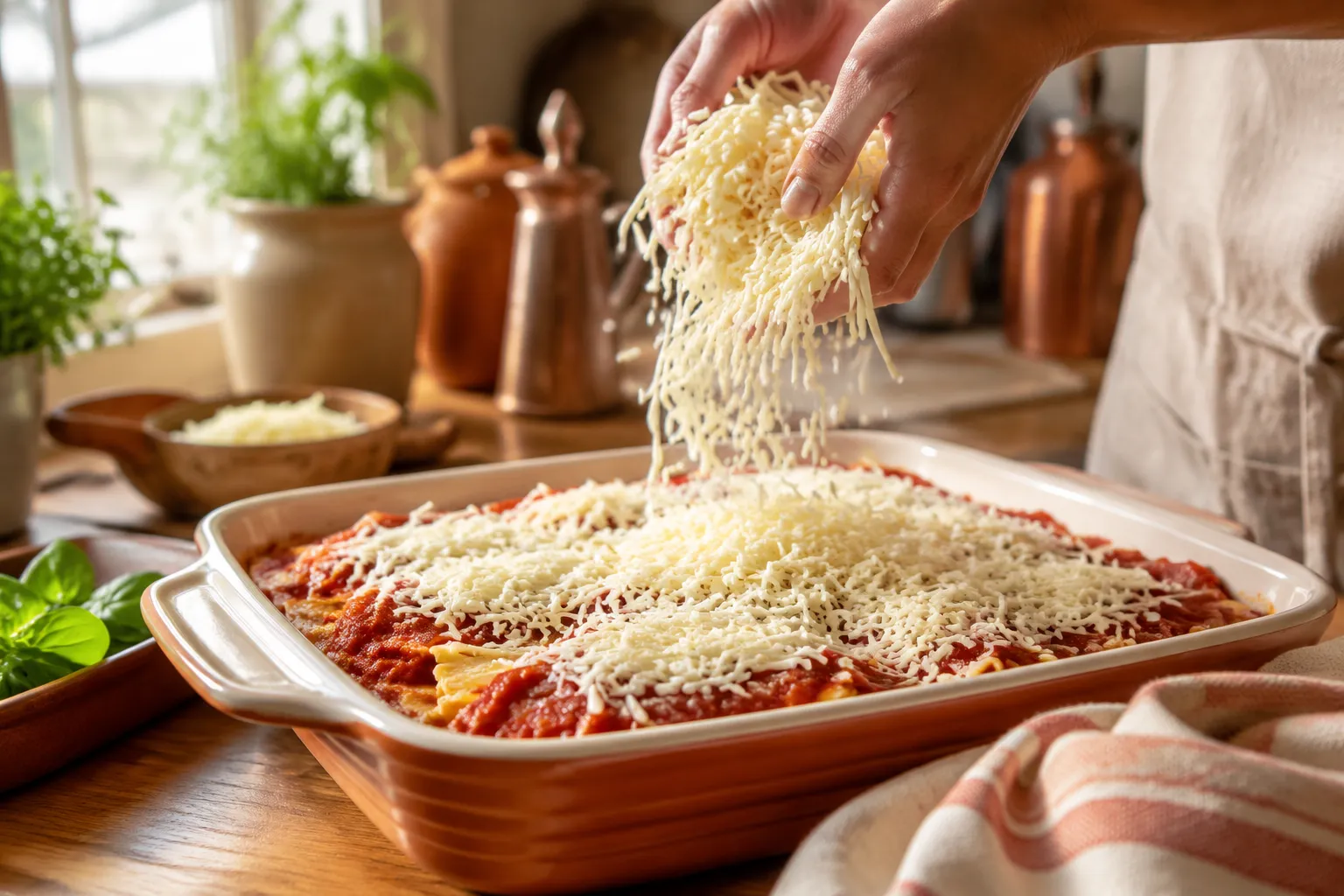 Topping ravioli bake with mozzarella before baking in the oven
