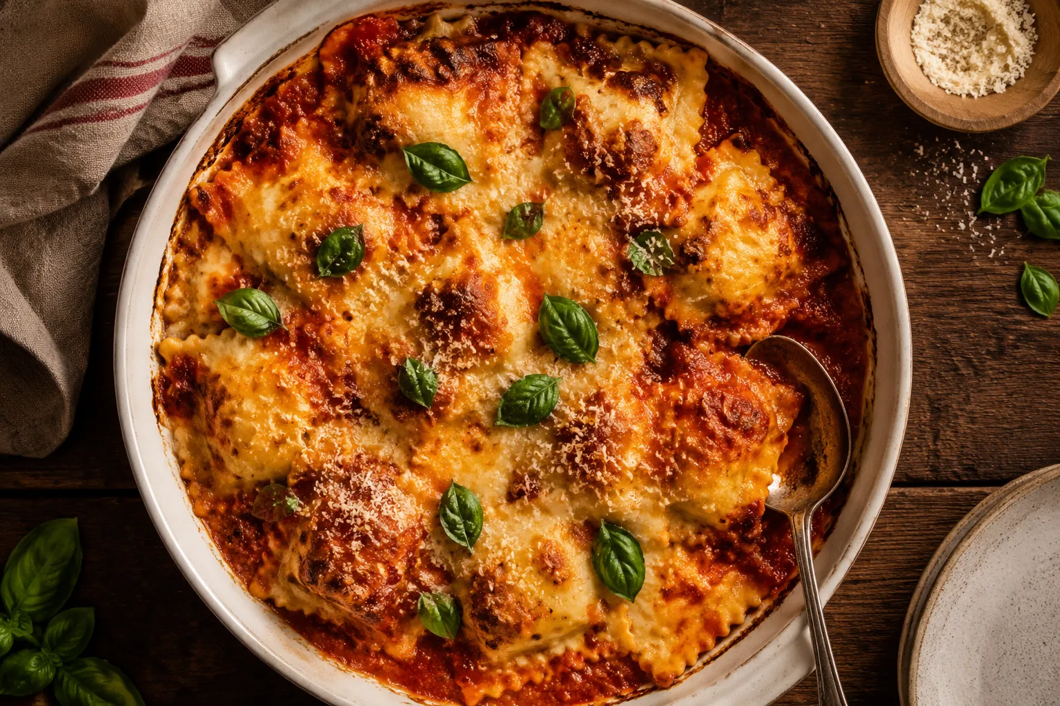 Finished ravioli in ravioli bake fresh from the oven, golden and bubbly