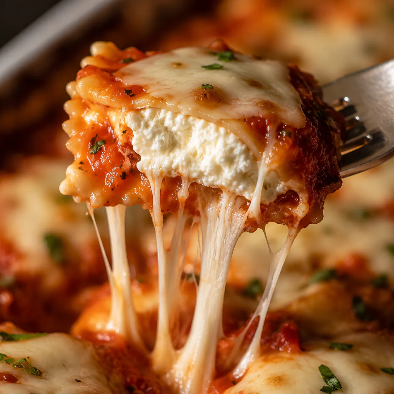 Cheese pull close-up of baked ravioli in ravioli with melted mozzarella