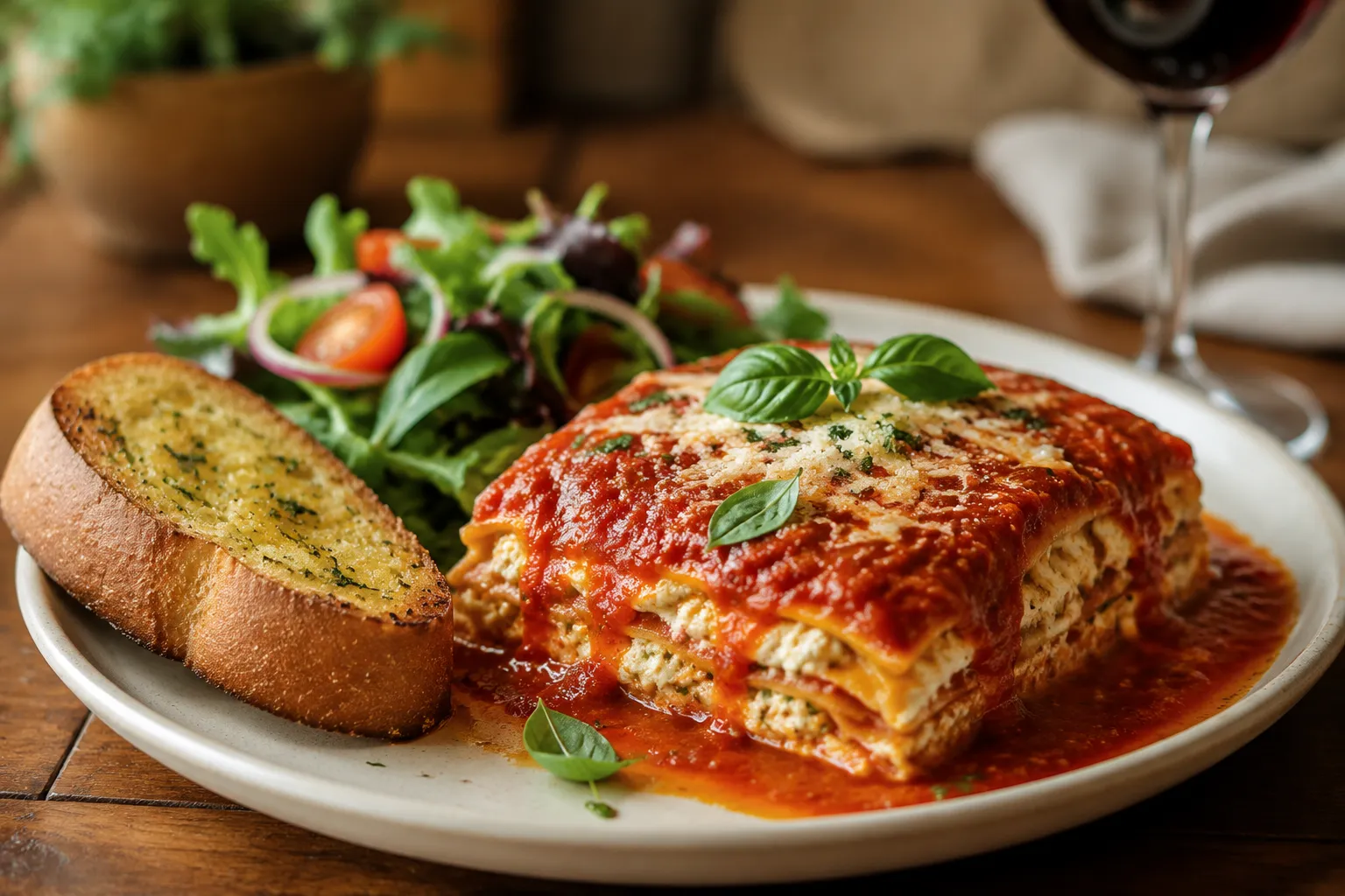 Plated ravioli in ravioli served with garlic bread and green salad