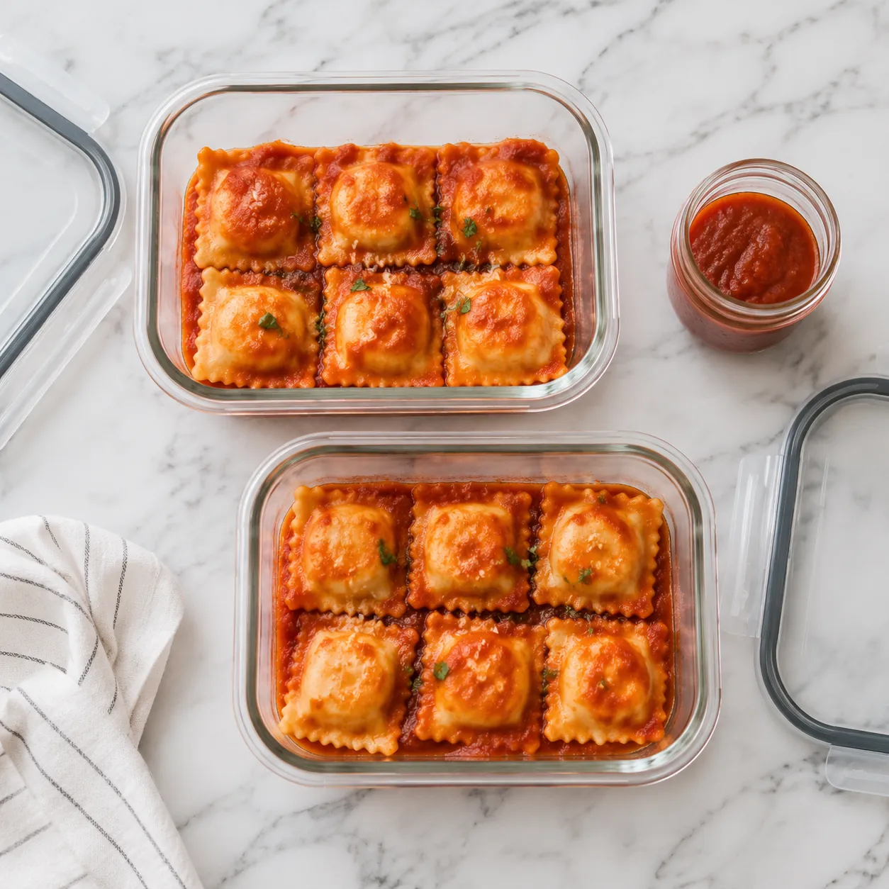 Storing leftover ravioli bake in glass meal-prep containers for the fridge