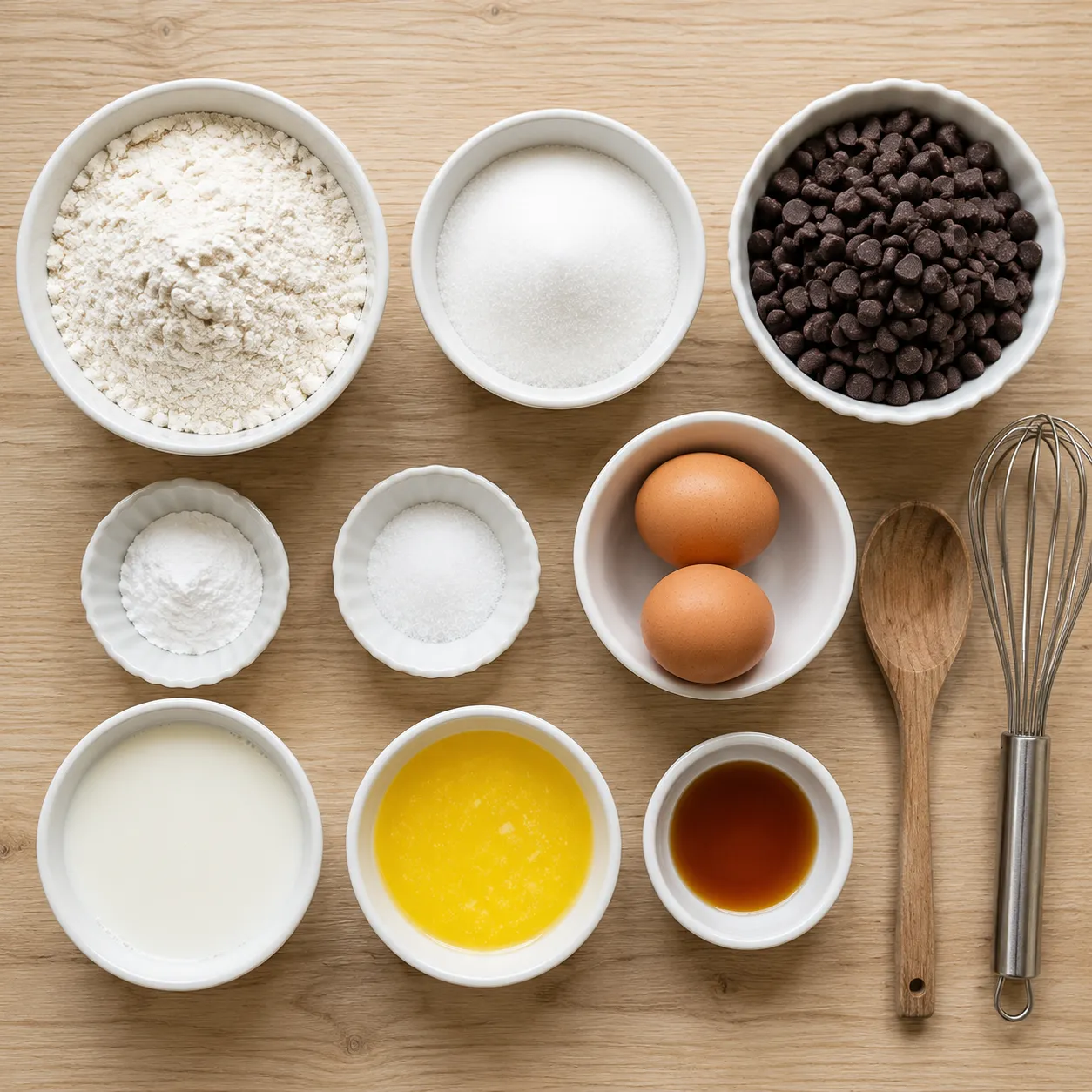 Ingredients for an easy chocolate chip muffin recipe in small bowls overhead