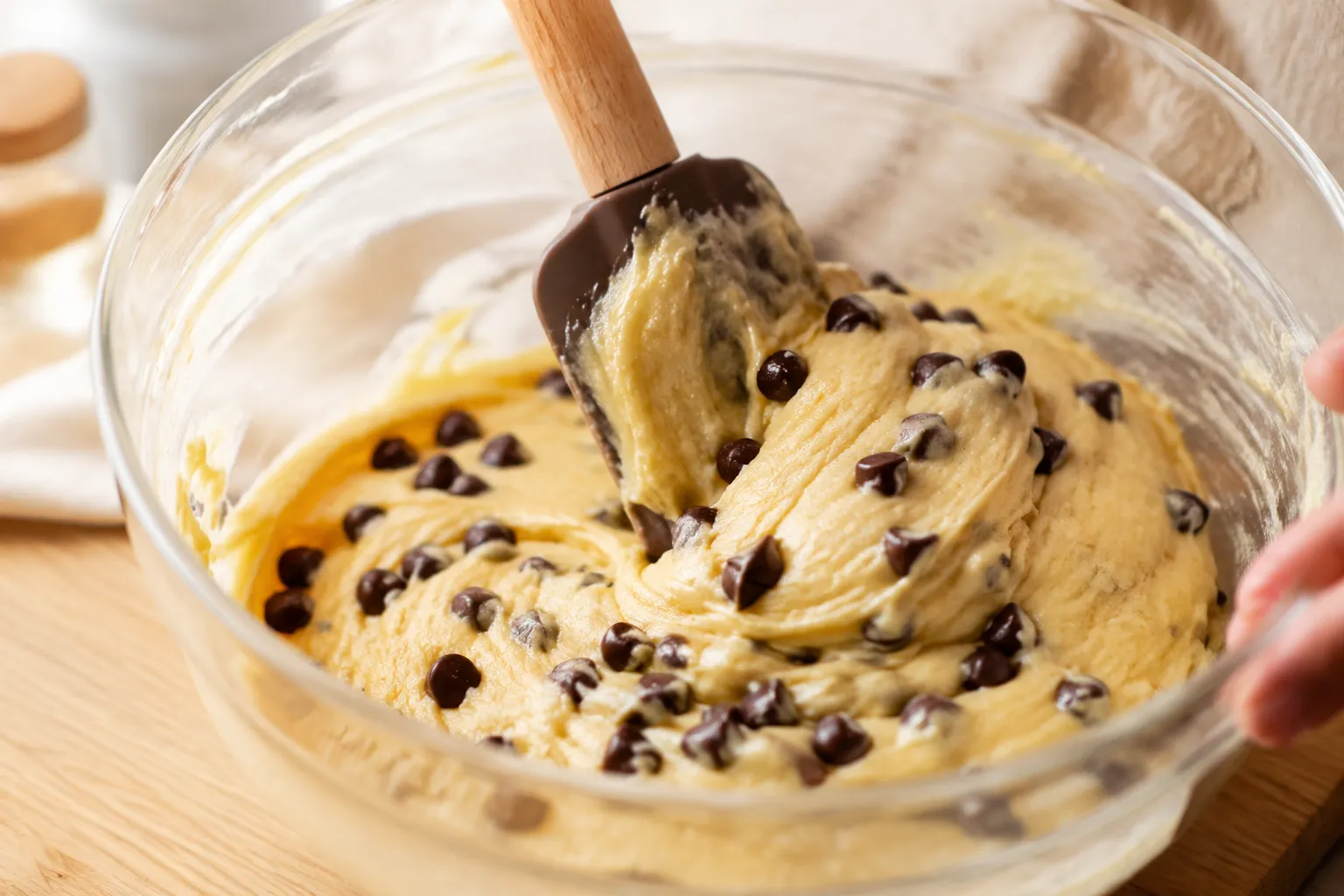 Folding chocolate chips into chocolate chip muffin batter