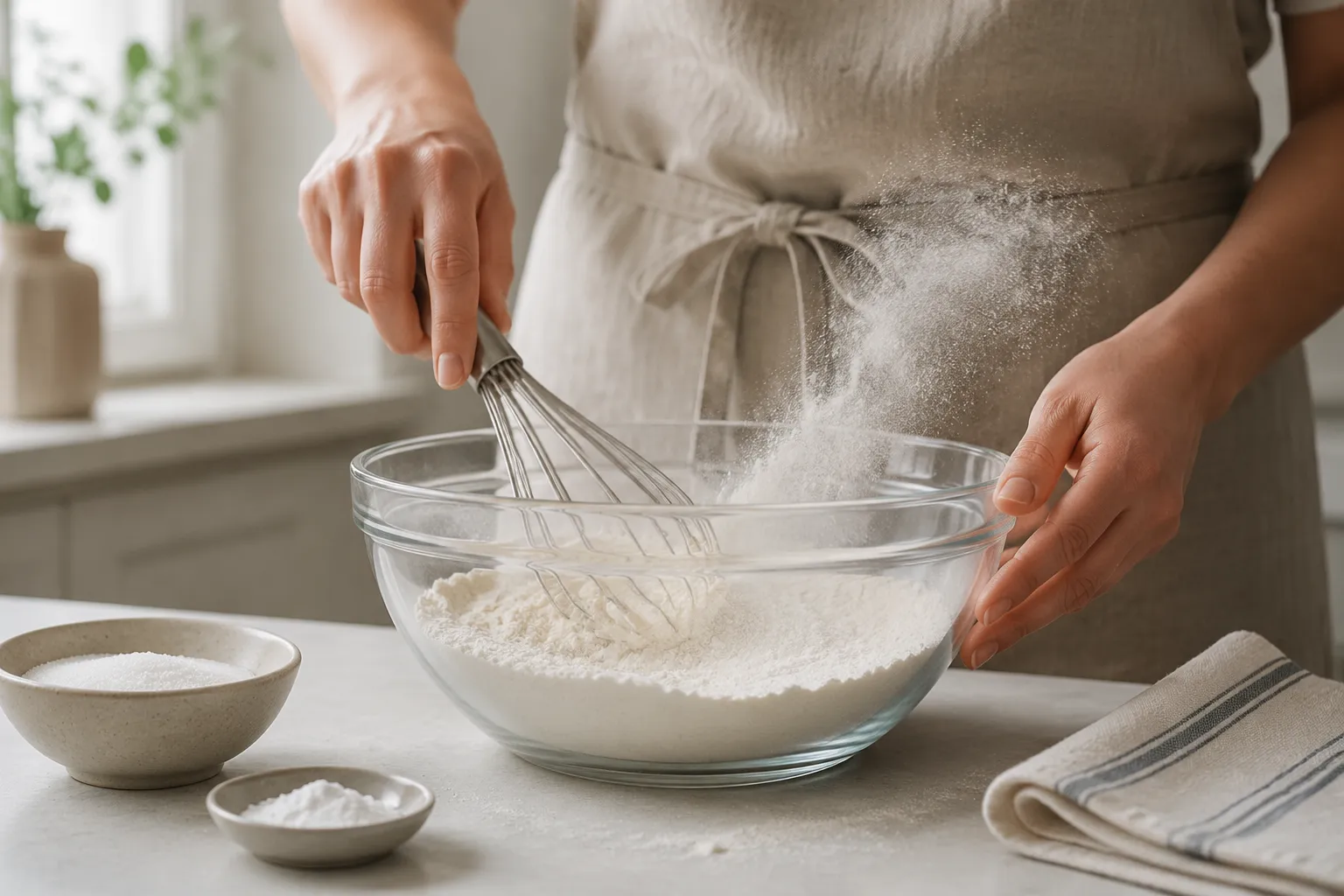 Whisking dry ingredients for fluffy chocolate chip muffins