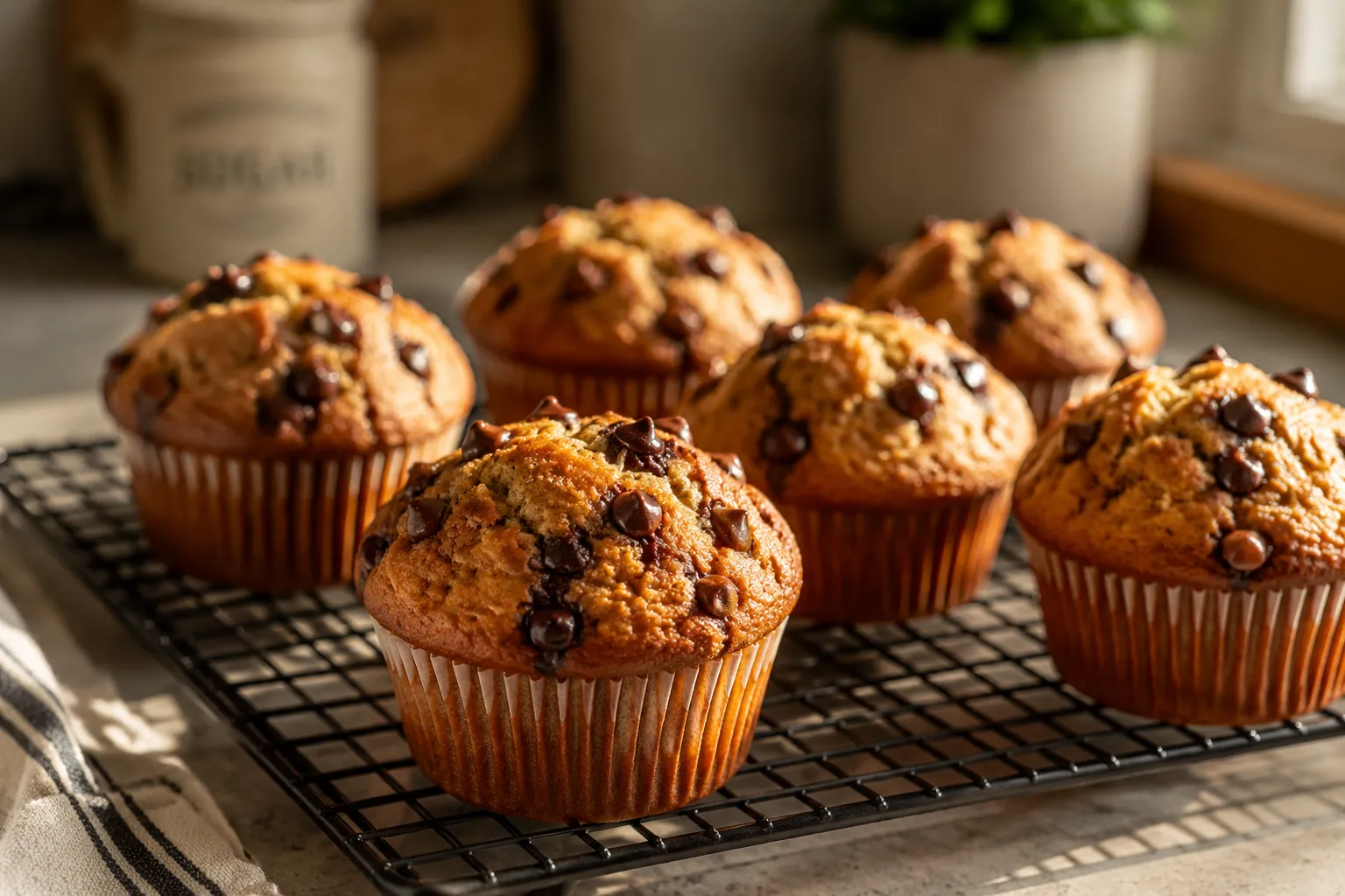 Bakery-style chocolate chip muffins cooling on a wire rack