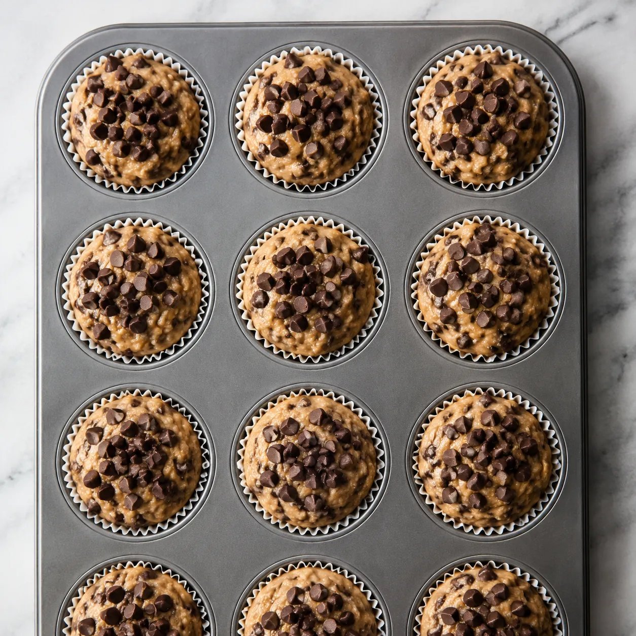 Muffin tin filled with chocolate chip muffin batter before baking