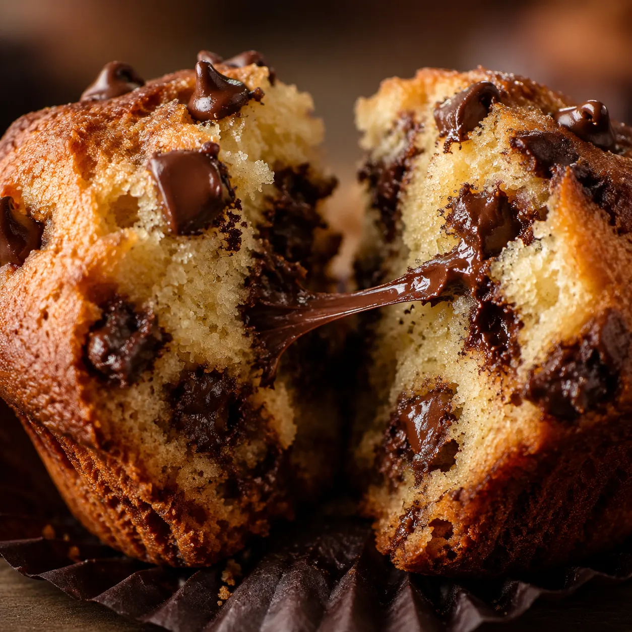 Close-up of fluffy chocolate chip muffin interior with melty chocolate