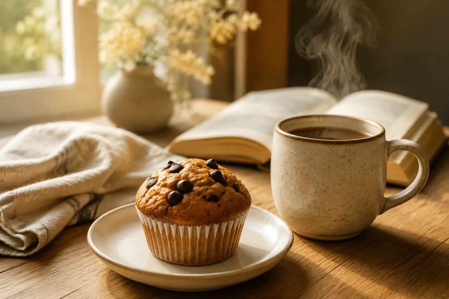 Chocolate chip muffin served with coffee for breakfast