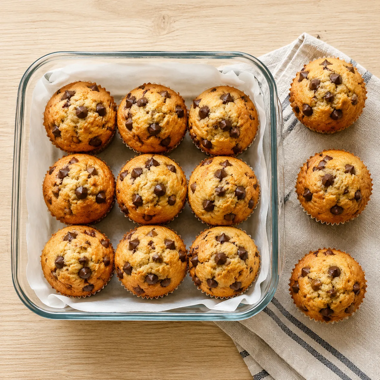 Storing chocolate chip muffins in an airtight container to keep fresh