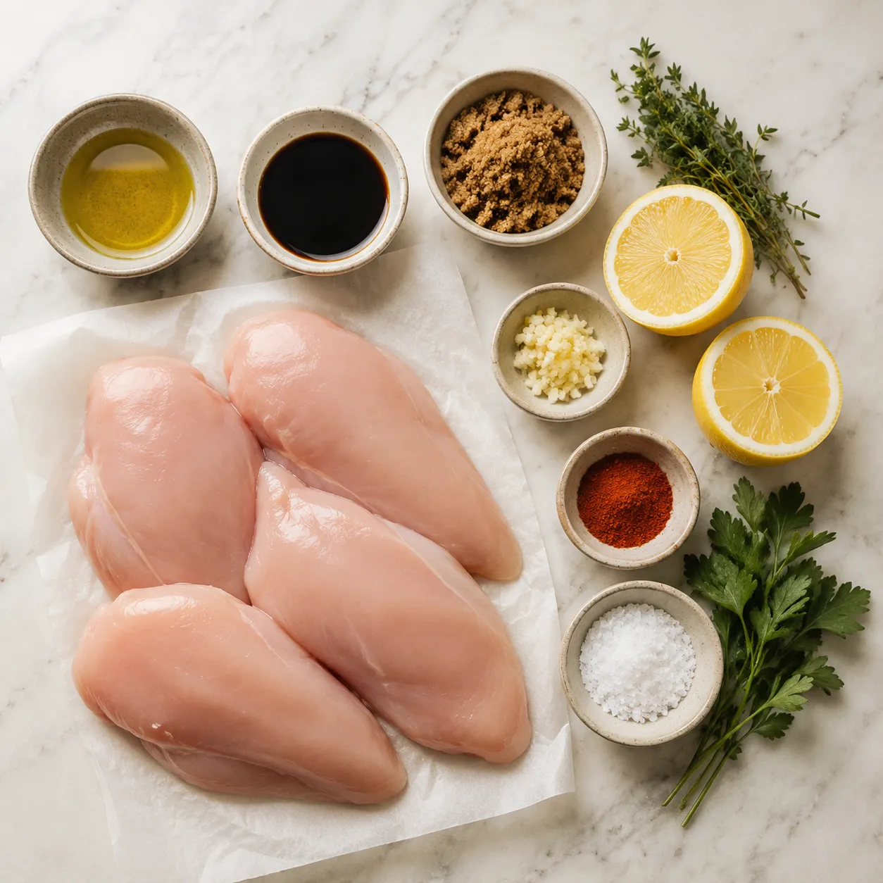 Grilled chicken marinade ingredients flatlay with lemon, garlic, and olive oil