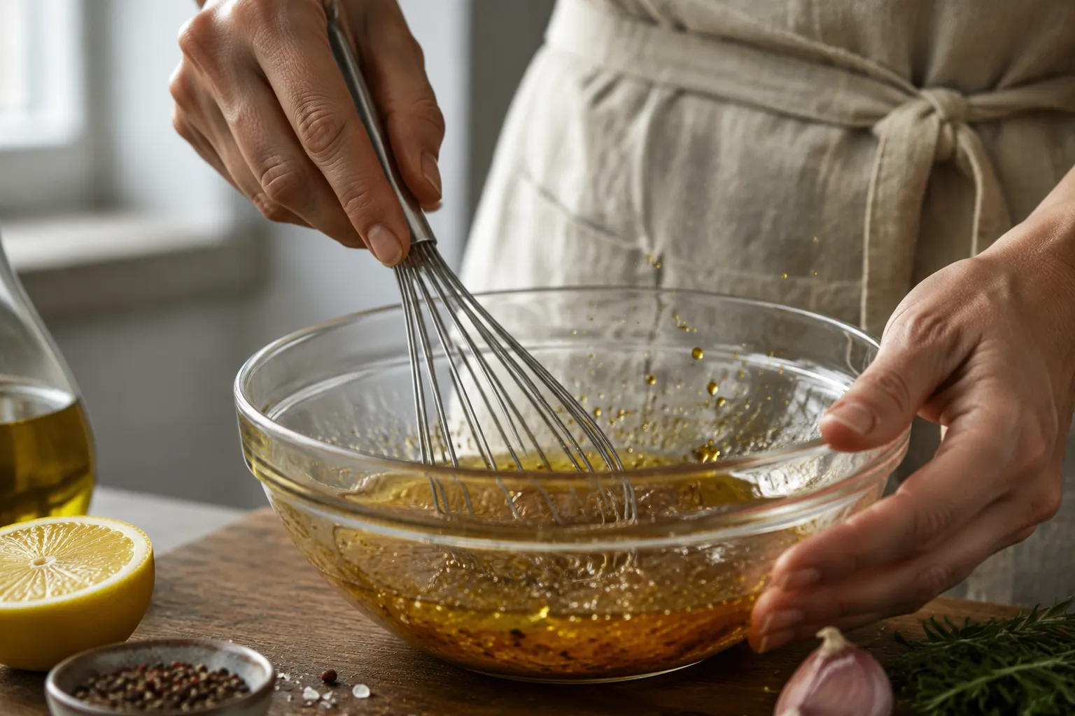 Whisking grilled chicken marinade in a glass bowl