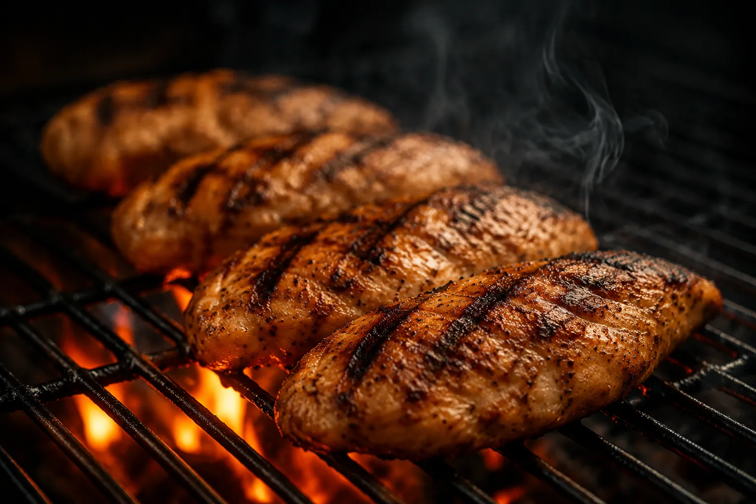 Grilled chicken breast recipes searing on a hot grill with char marks