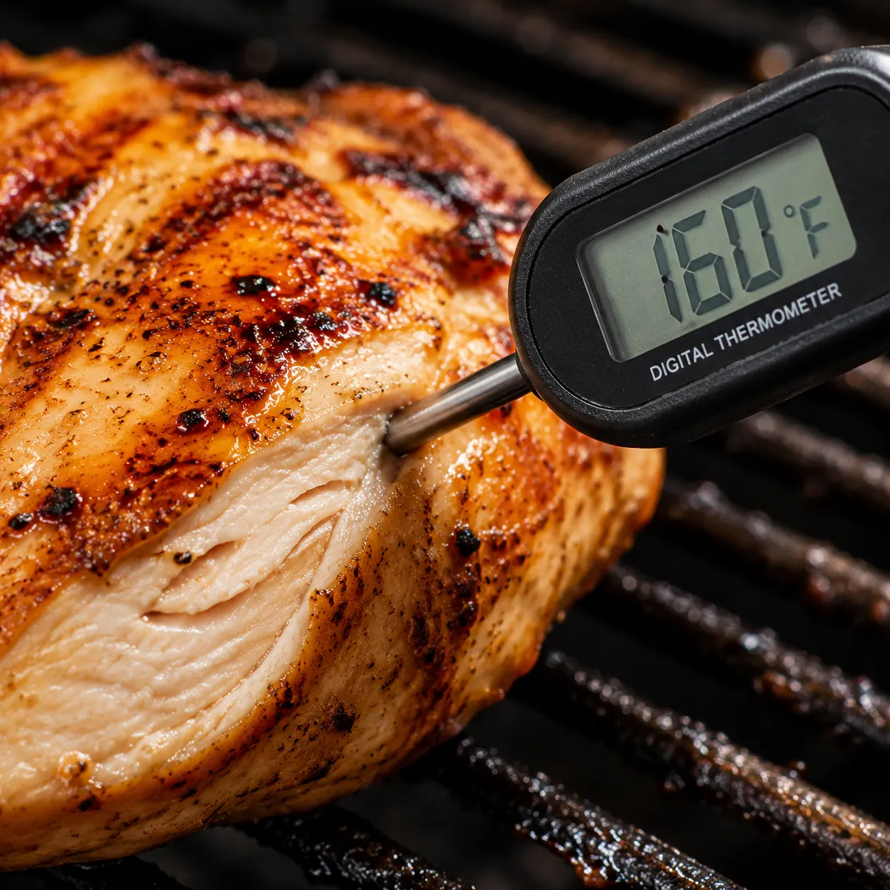 Checking internal temperature of grilled chicken breast with thermometer