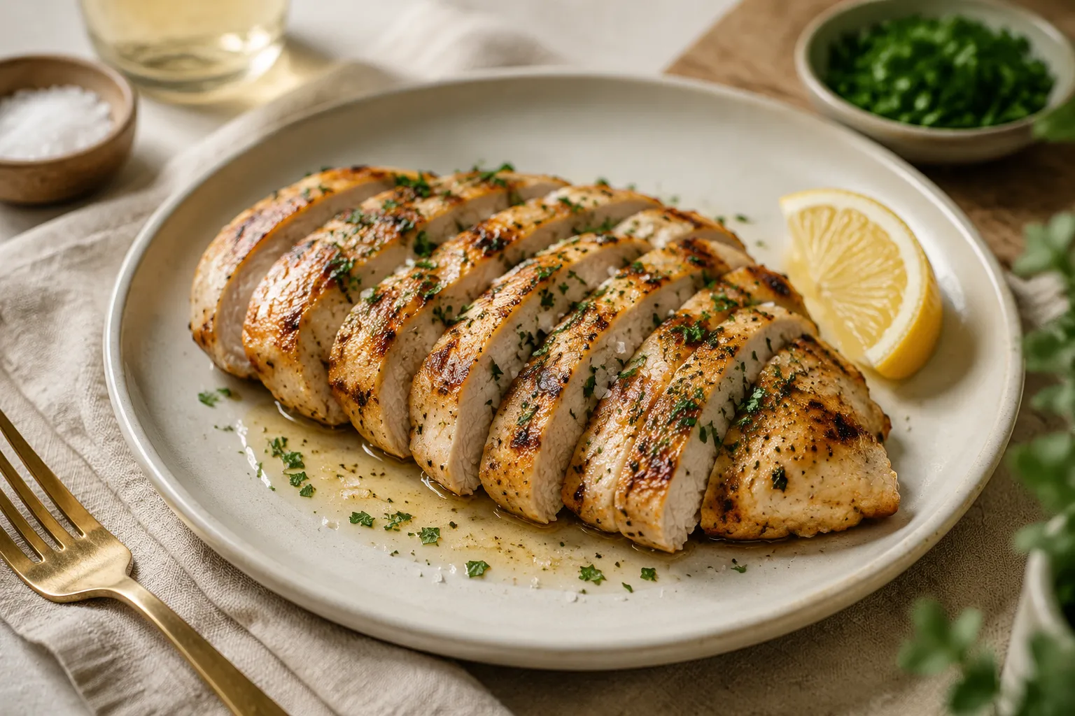 Sliced juicy grilled chicken breast plated with lemon and parsley