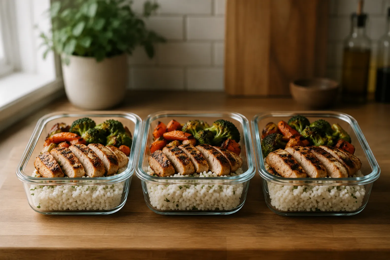 Grilled chicken meal prep containers with rice and vegetables
