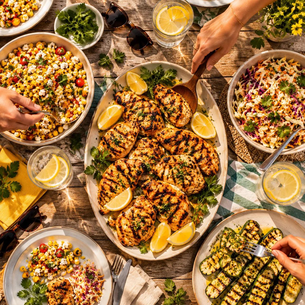 Grilled chicken recipes served family-style with summer cookout sides
