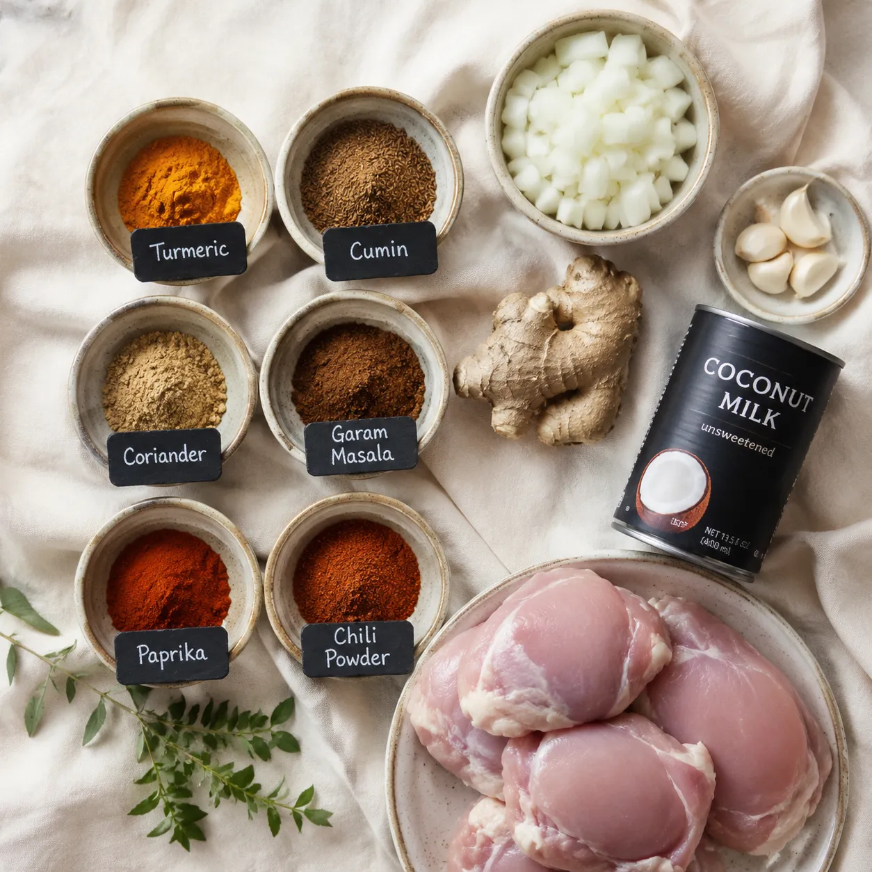 Indian curry recipe ingredients flatlay with curry spice blend and coconut milk