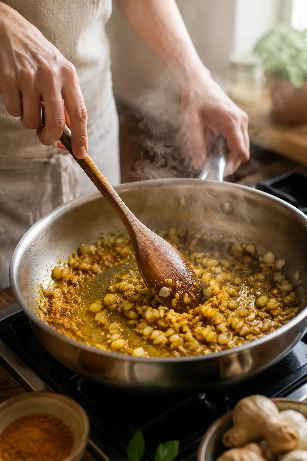 Blooming curry spice recipe in skillet with onions and ginger
