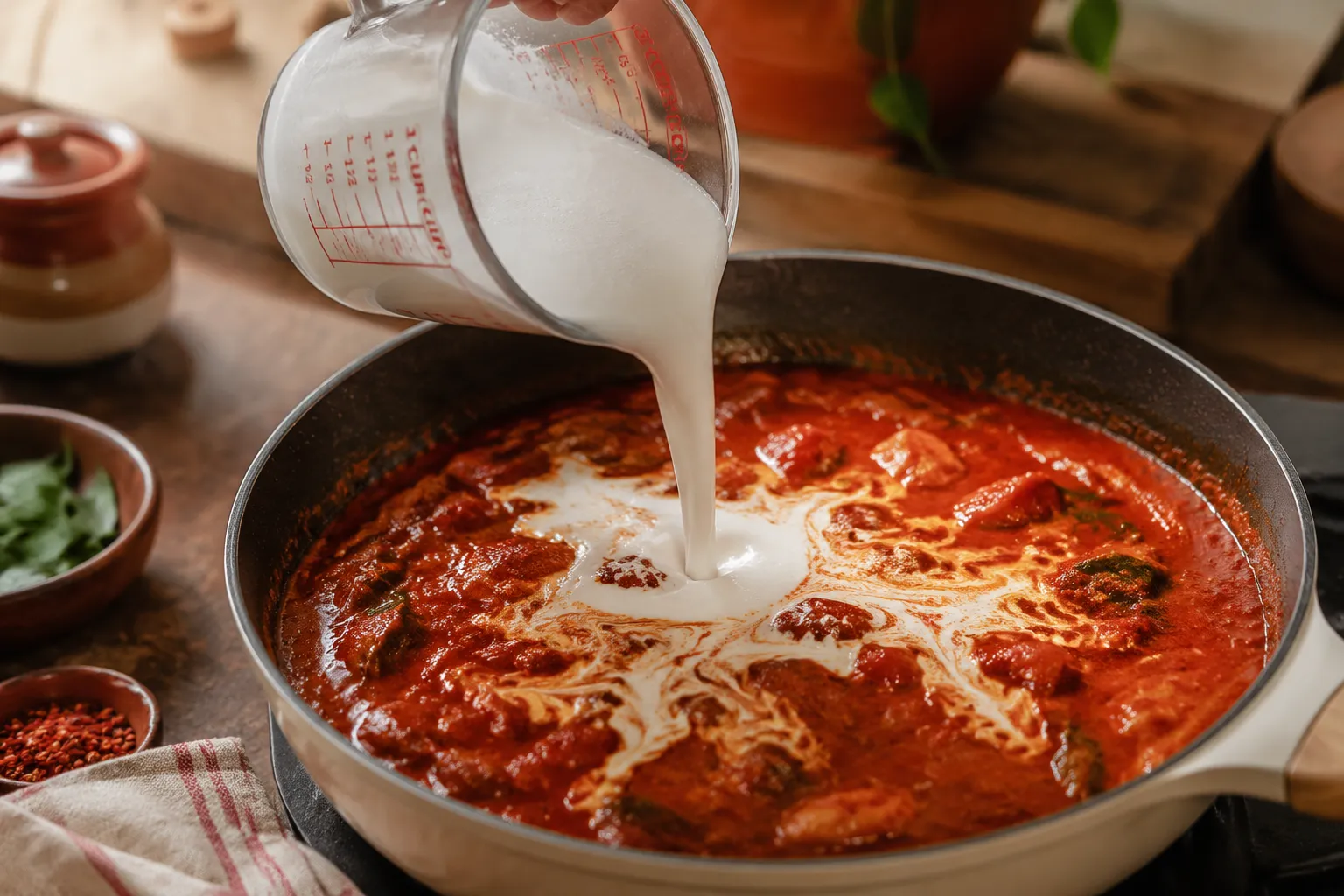 Pouring coconut milk into Indian curry recipe sauce
