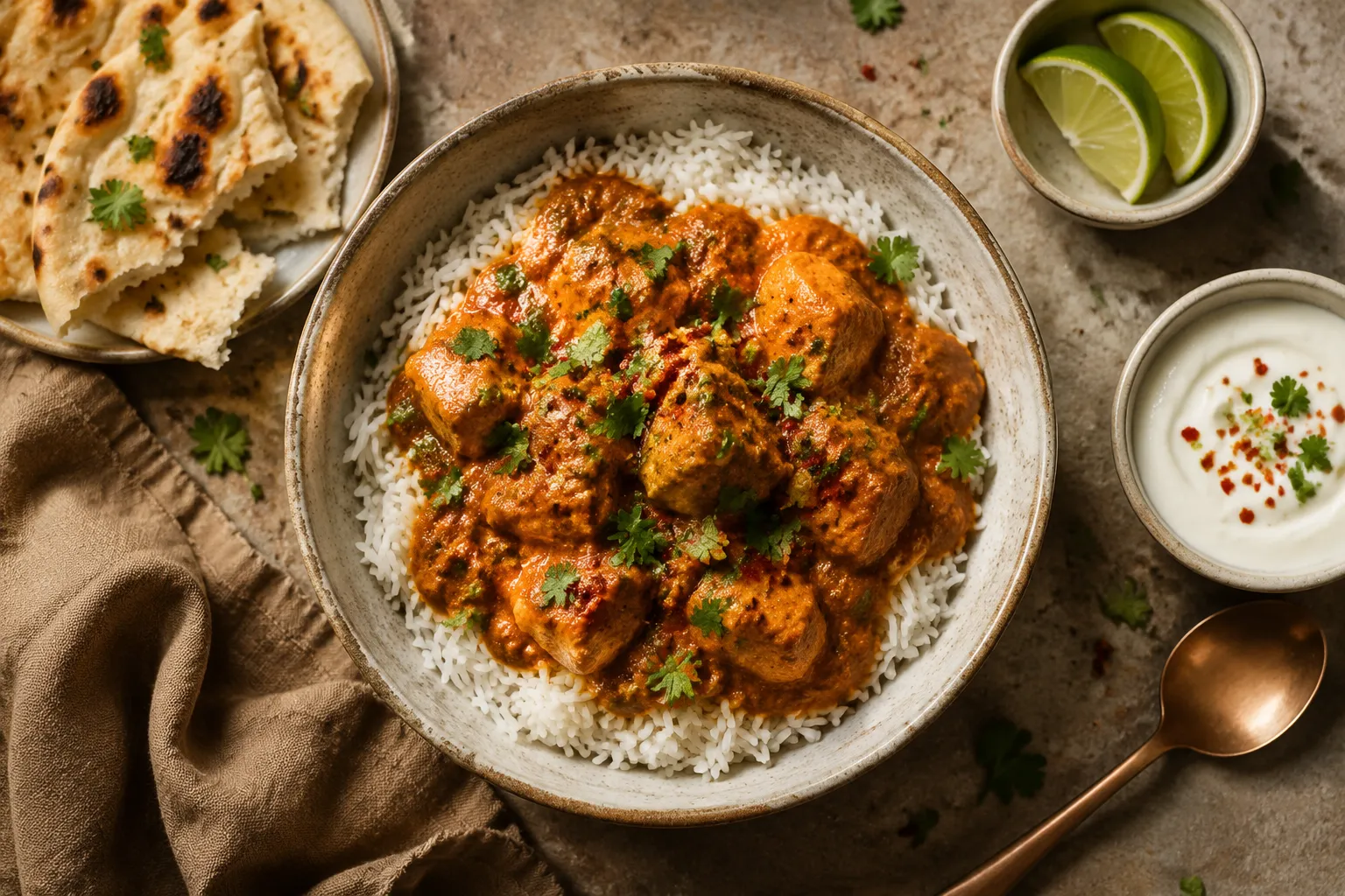 Easy Indian curry recipe served over basmati rice with naan