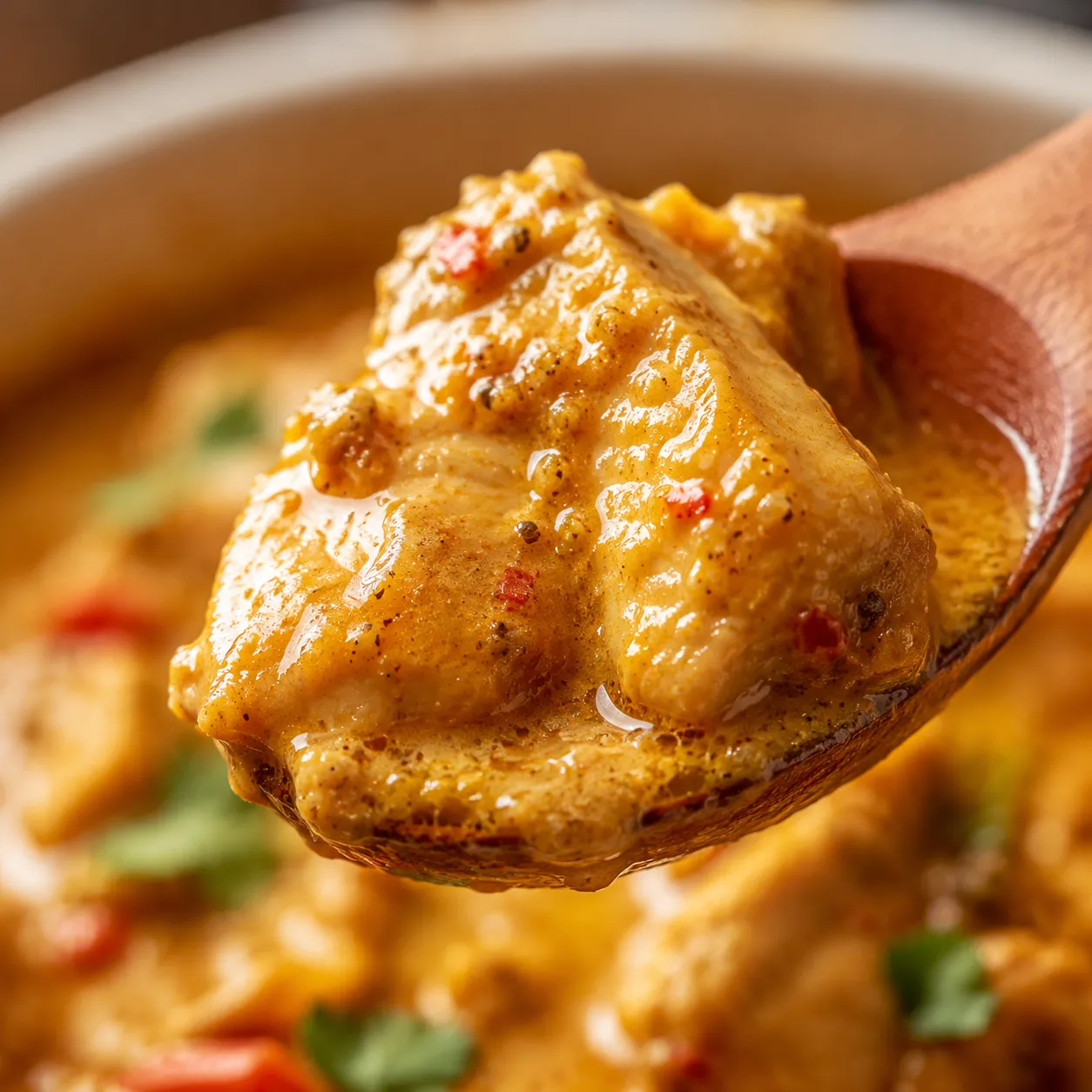 Close up of curry recipe sauce coating tender chicken