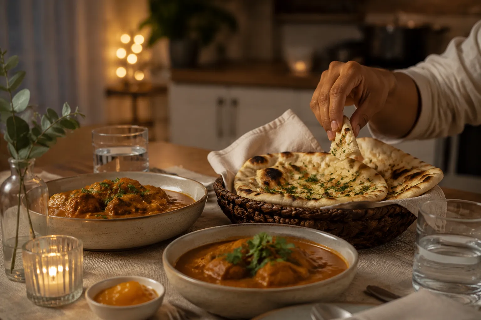 Indian curry recipes served family style with naan and rice