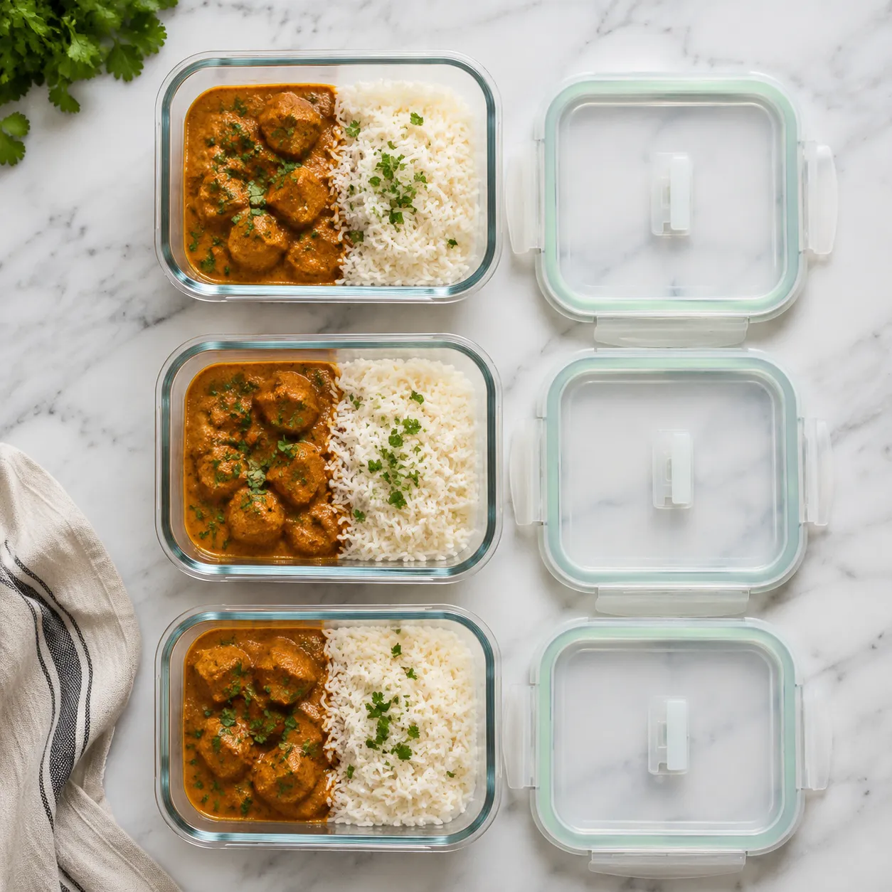 Curry recipe leftovers stored in meal prep containers with rice