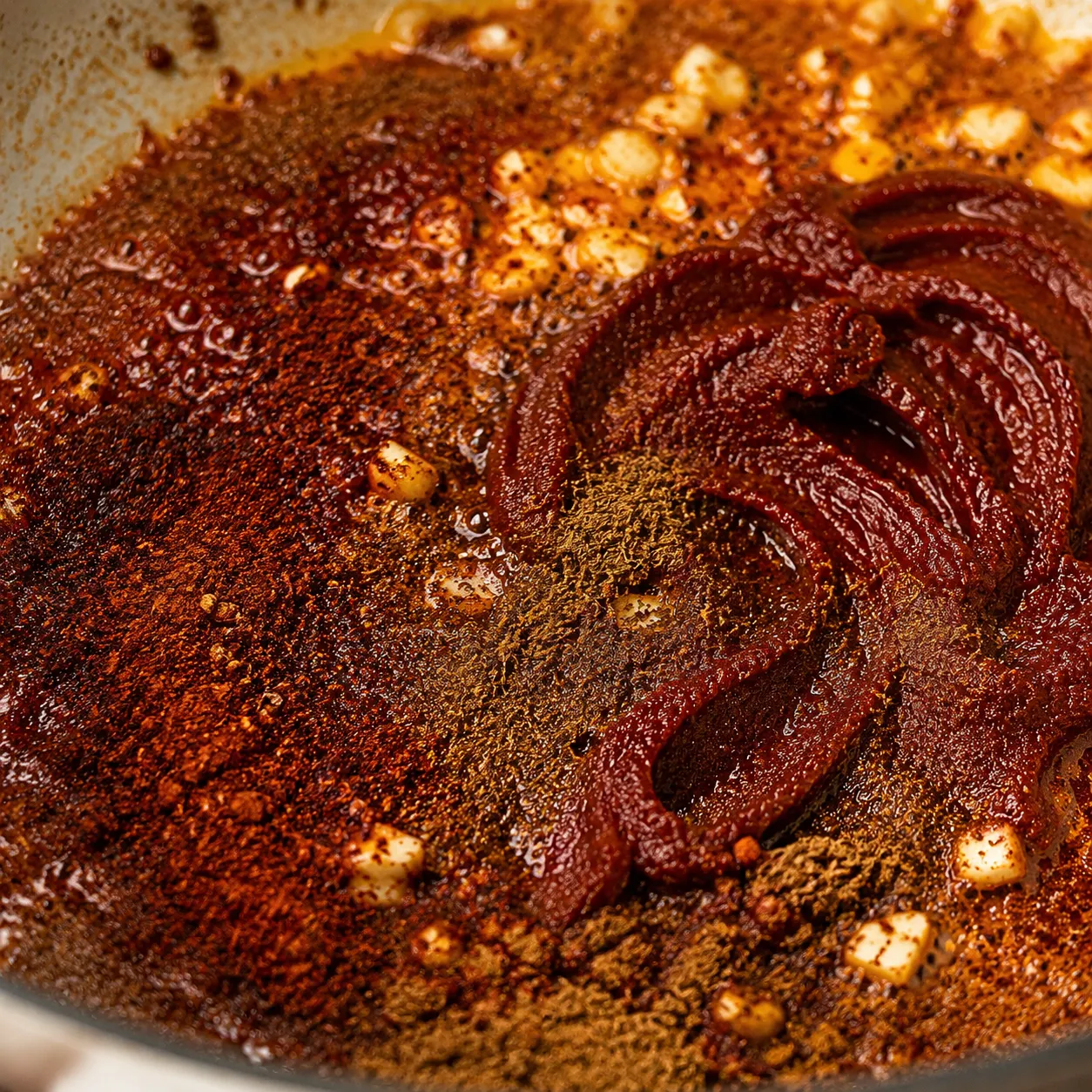 Chili spices and tomato paste blooming in oil for turkey chili recipe