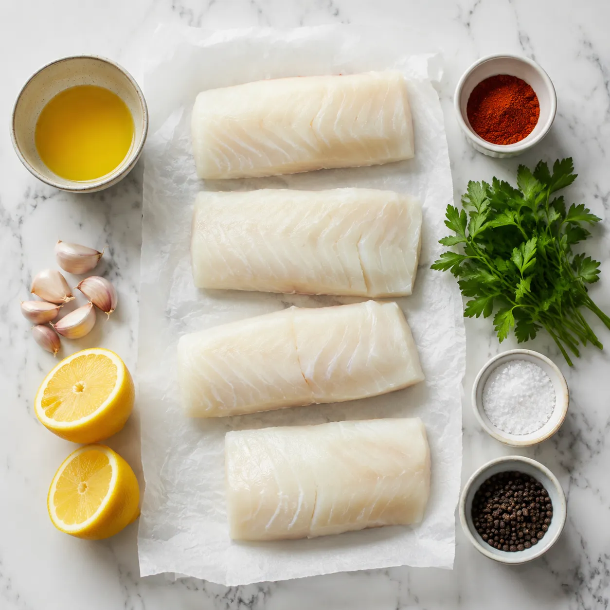 Ingredients flatlay for cod fish recipe oven including cod fillets, butter, garlic, lemon