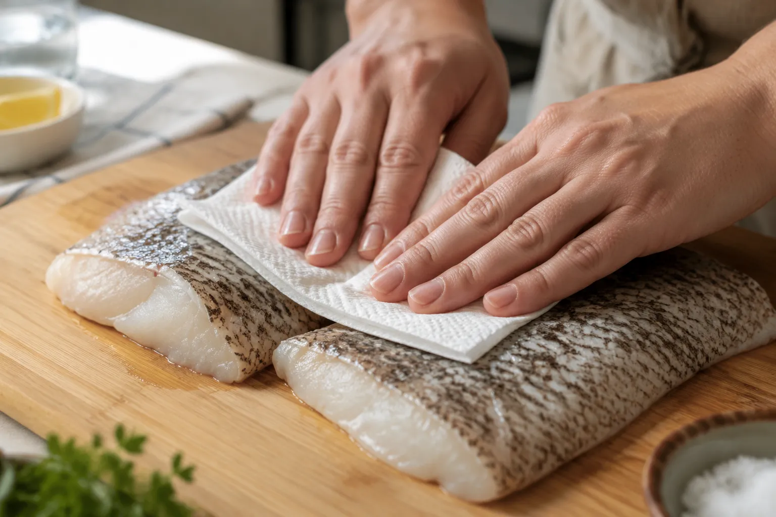 Patting cod fillets dry before baking in the oven