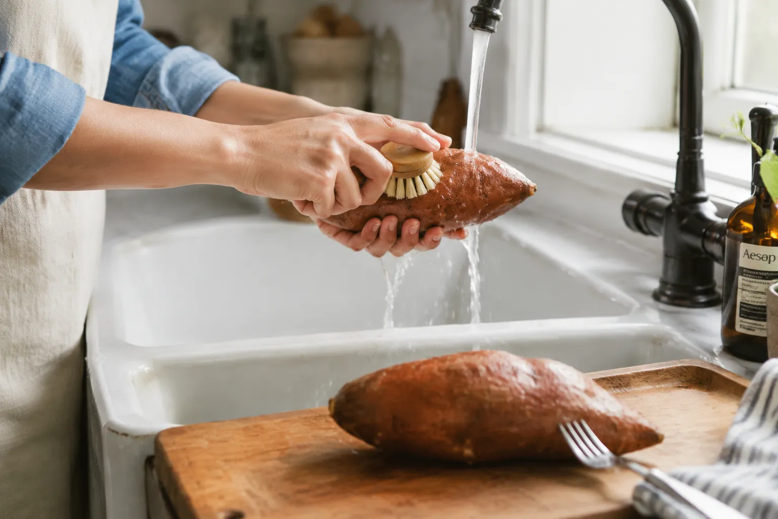 Scrubbing and piercing a sweet potato before baking in the oven