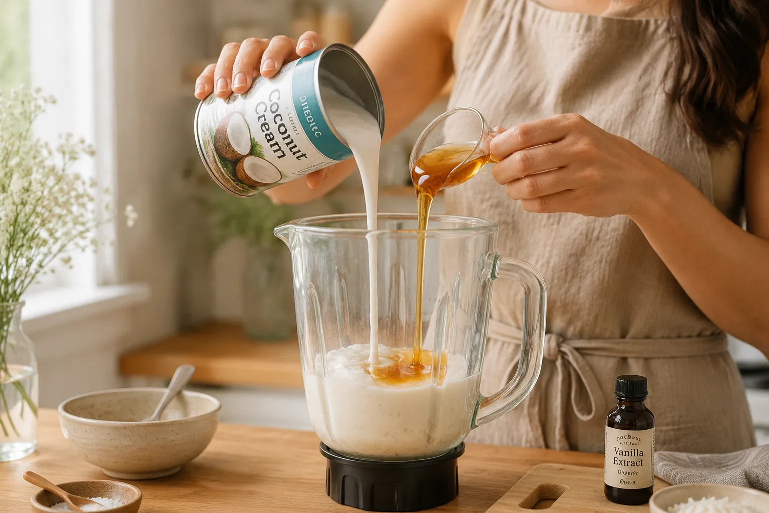 Pouring coconut cream into blender to make vegan ice cream