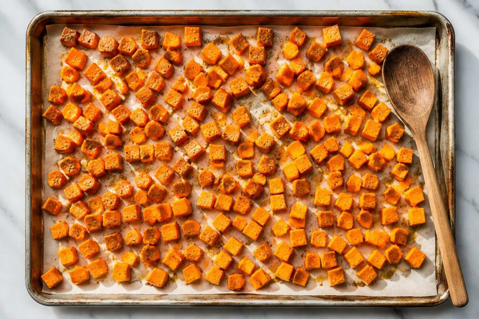 Roasted sweet potato cubes on a sheet pan ready to bake at 425 degrees