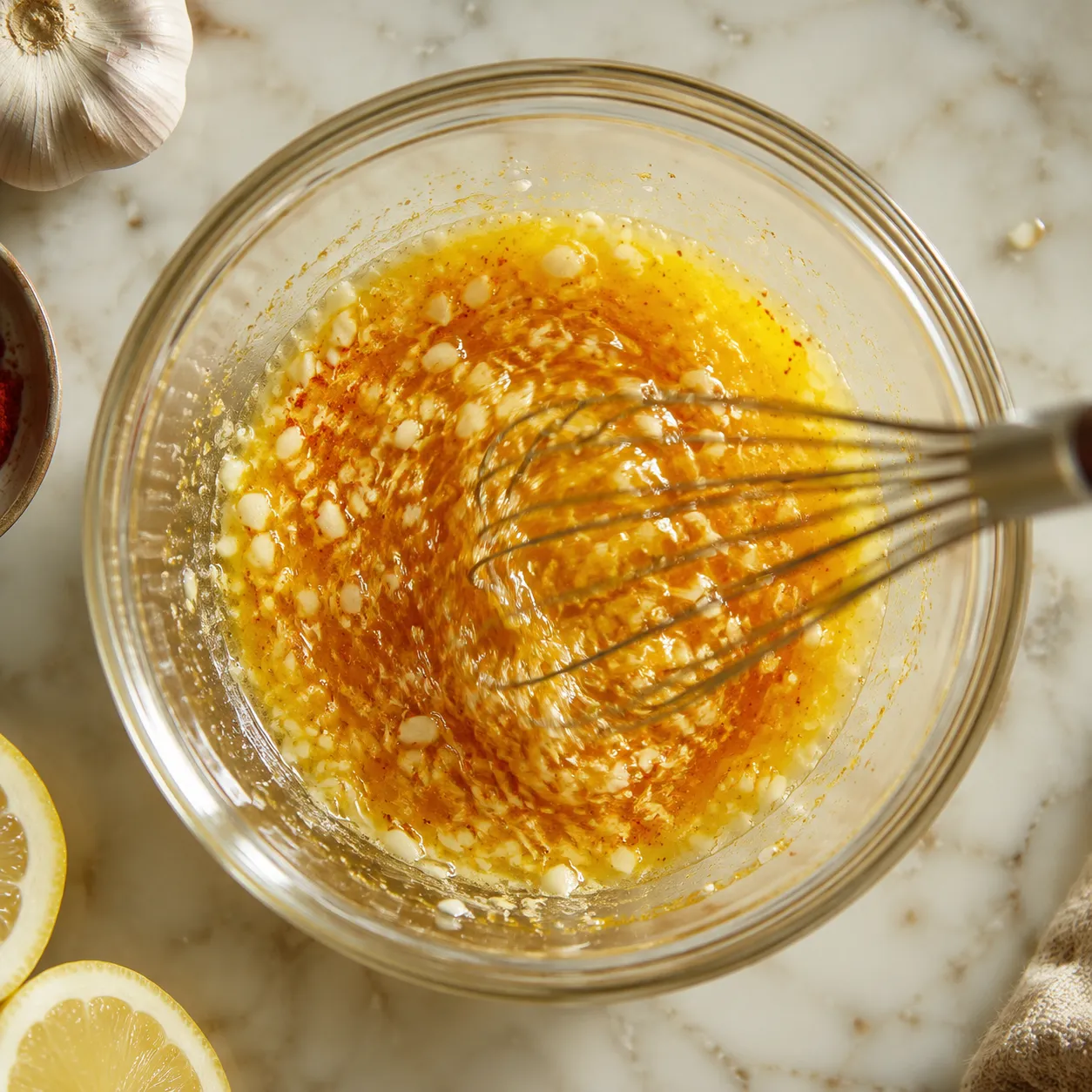 Whisking lemon garlic butter sauce for oven baked cod