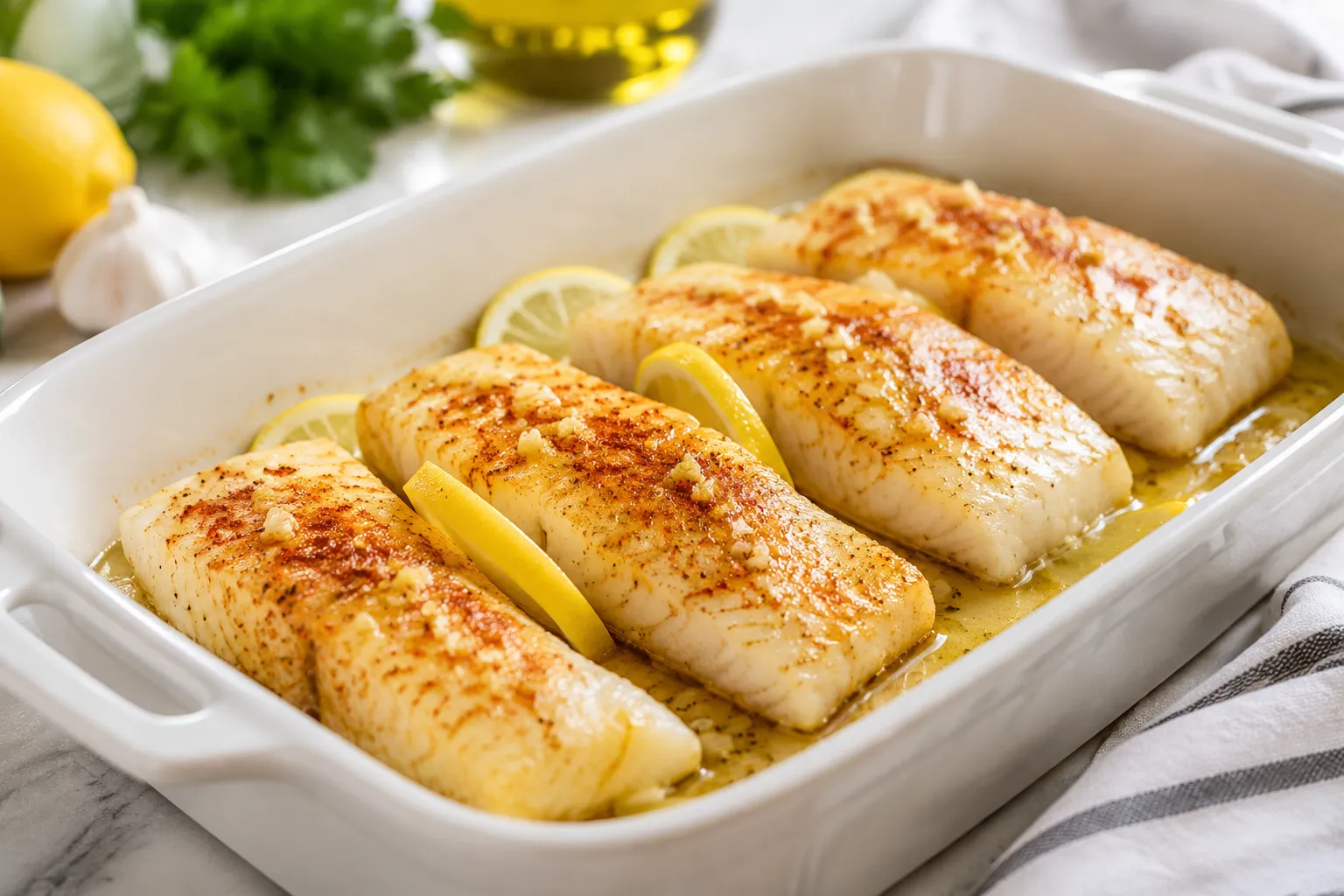 Seasoned cod fillets in baking dish ready for the oven
