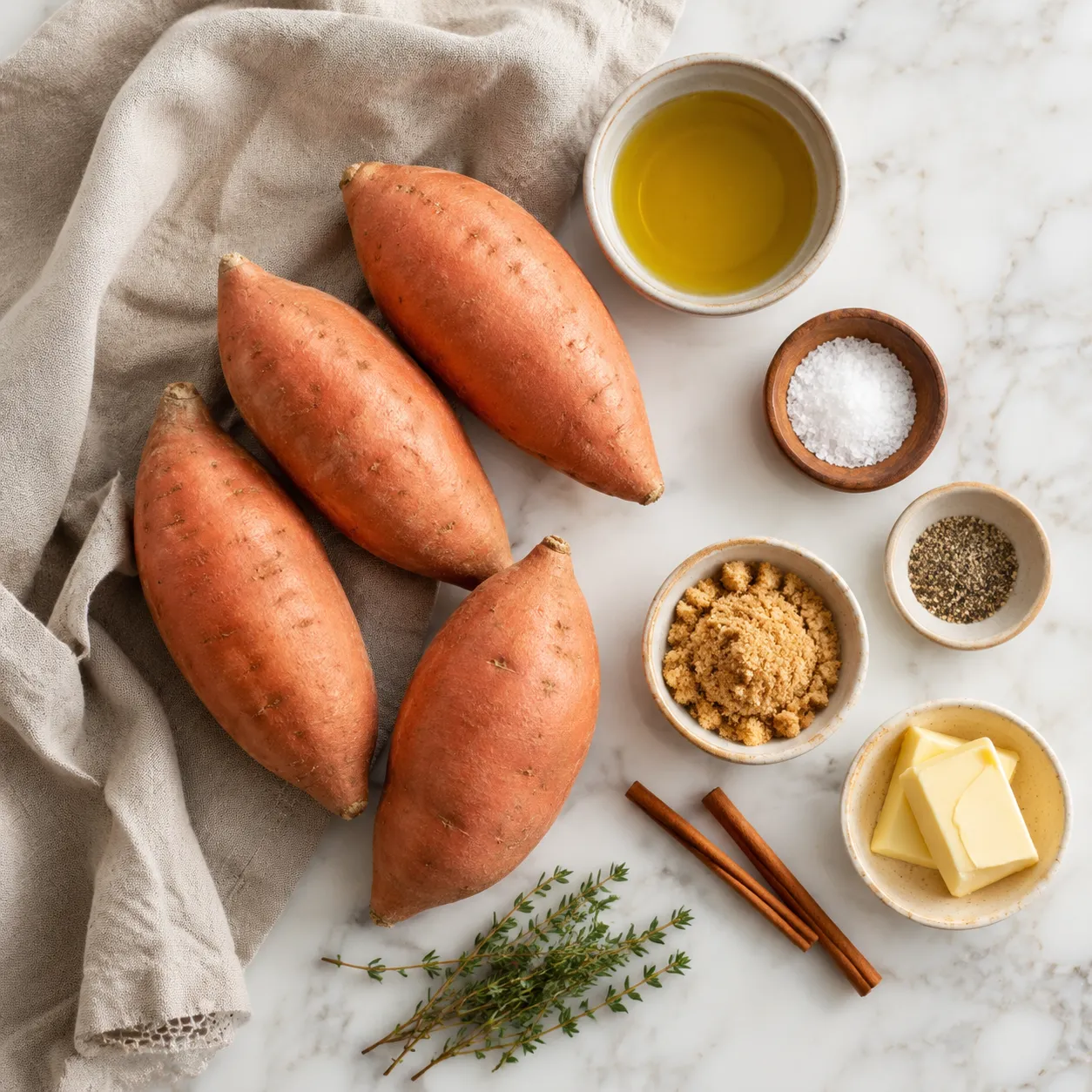 Ingredients for cooking sweet potatoes flatlay including olive oil, butter, and seasonings