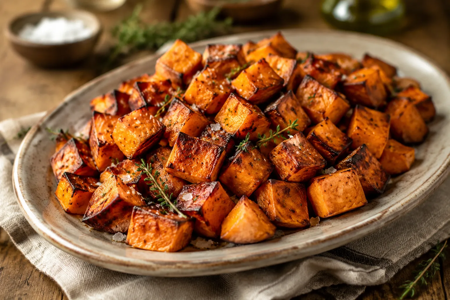 Roasted sweet potatoes recipe finished on a serving platter with thyme