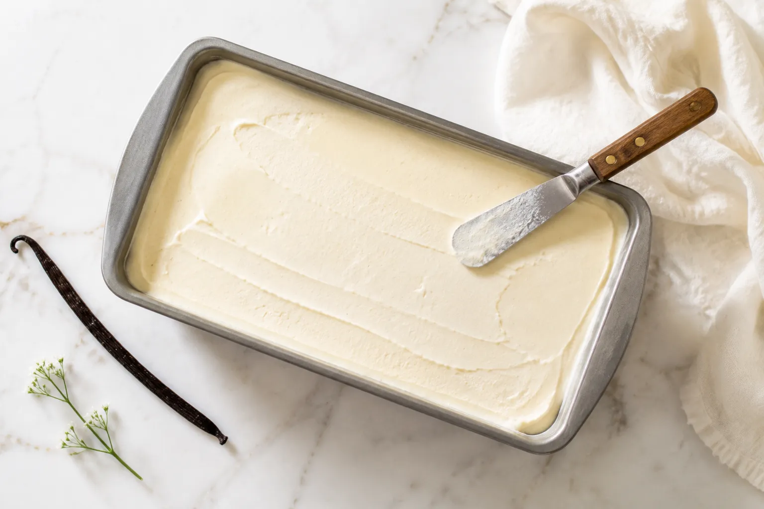 Vegan ice cream base in a loaf pan before freezing