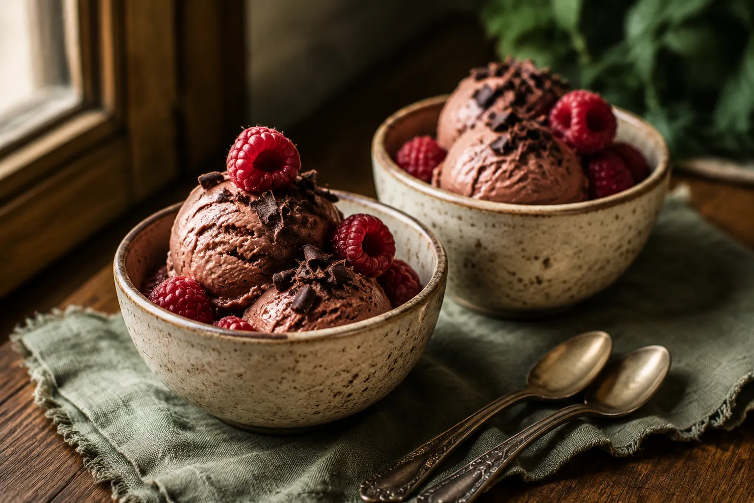 Bowls of vegan ice cream topped with chocolate and raspberries