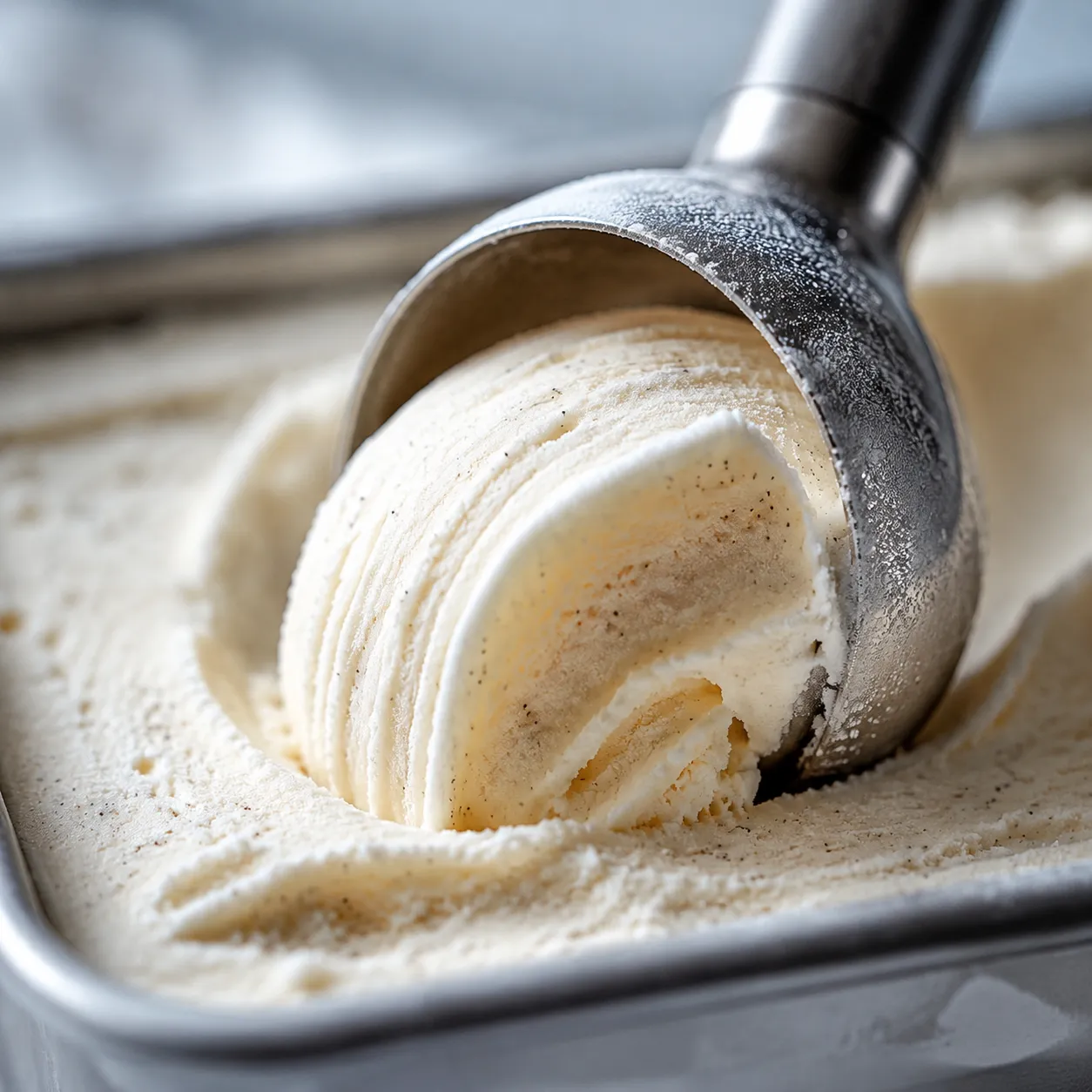 Scoop curling creamy vegan ice cream from a freezer pan