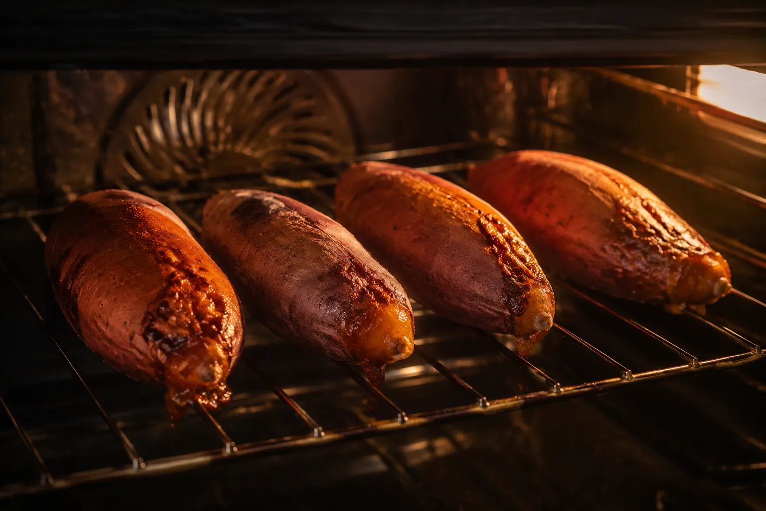 Whole sweet potatoes baking in the oven at 425 degrees Fahrenheit