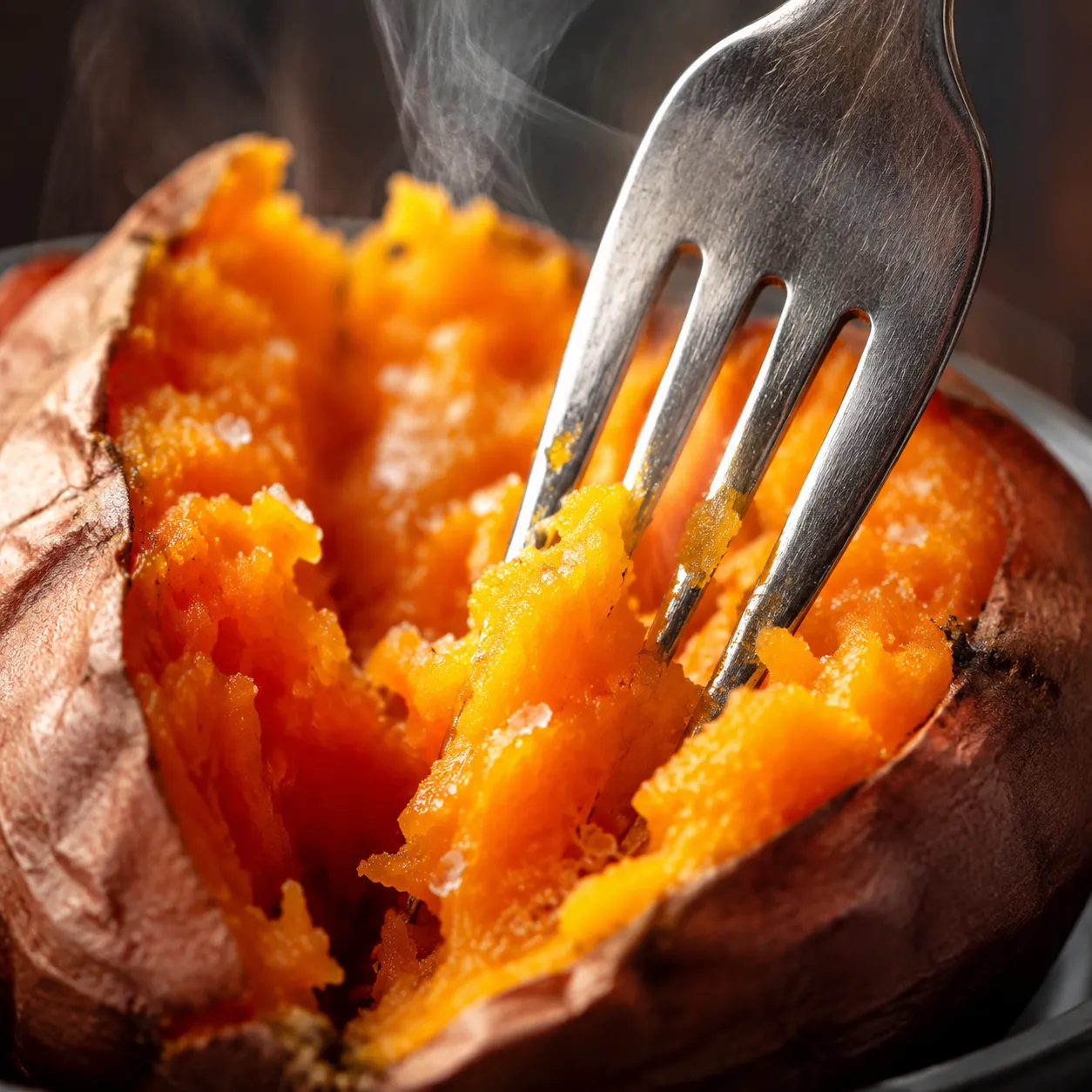 Fork test showing fork-tender baked sweet potato is fully cooked