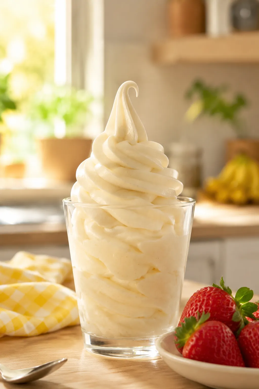 Vegan soft serve swirled into a glass cup
