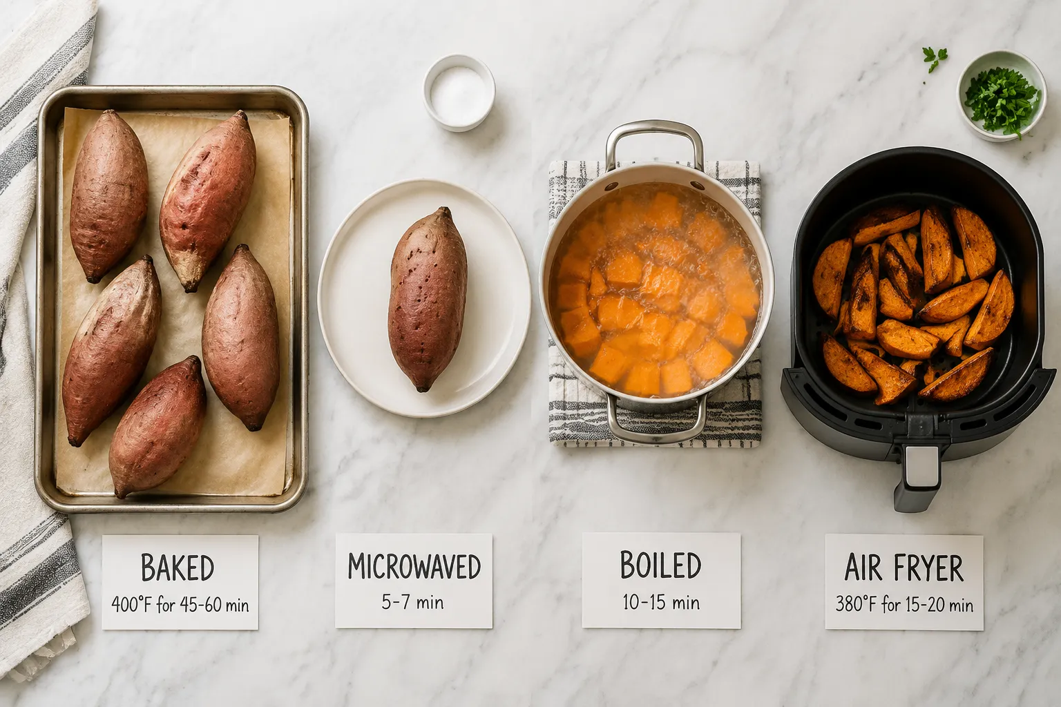 Four ways to cook sweet potatoes: oven, microwave, stovetop, and air fryer
