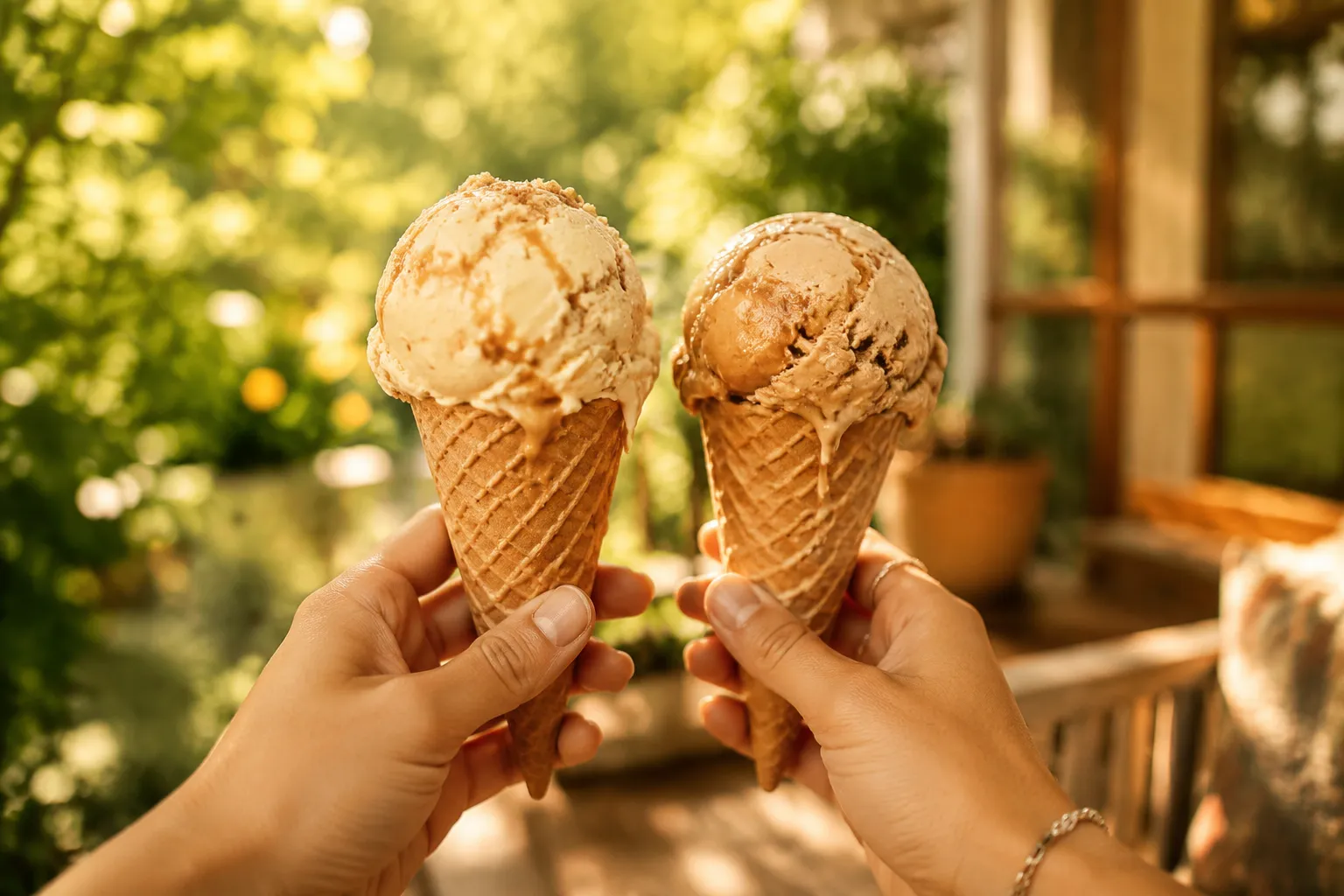 Hands holding two waffle cones with vegan ice cream scoops outdoors