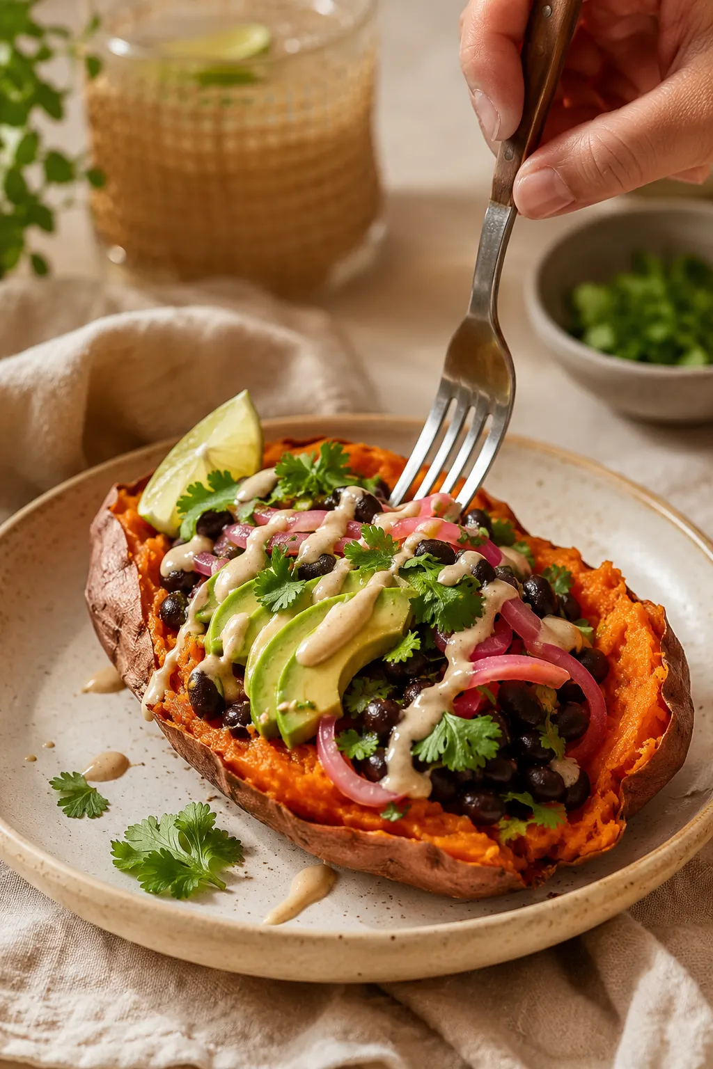 What to make with sweet potatoes: loaded sweet potato bowl serving idea