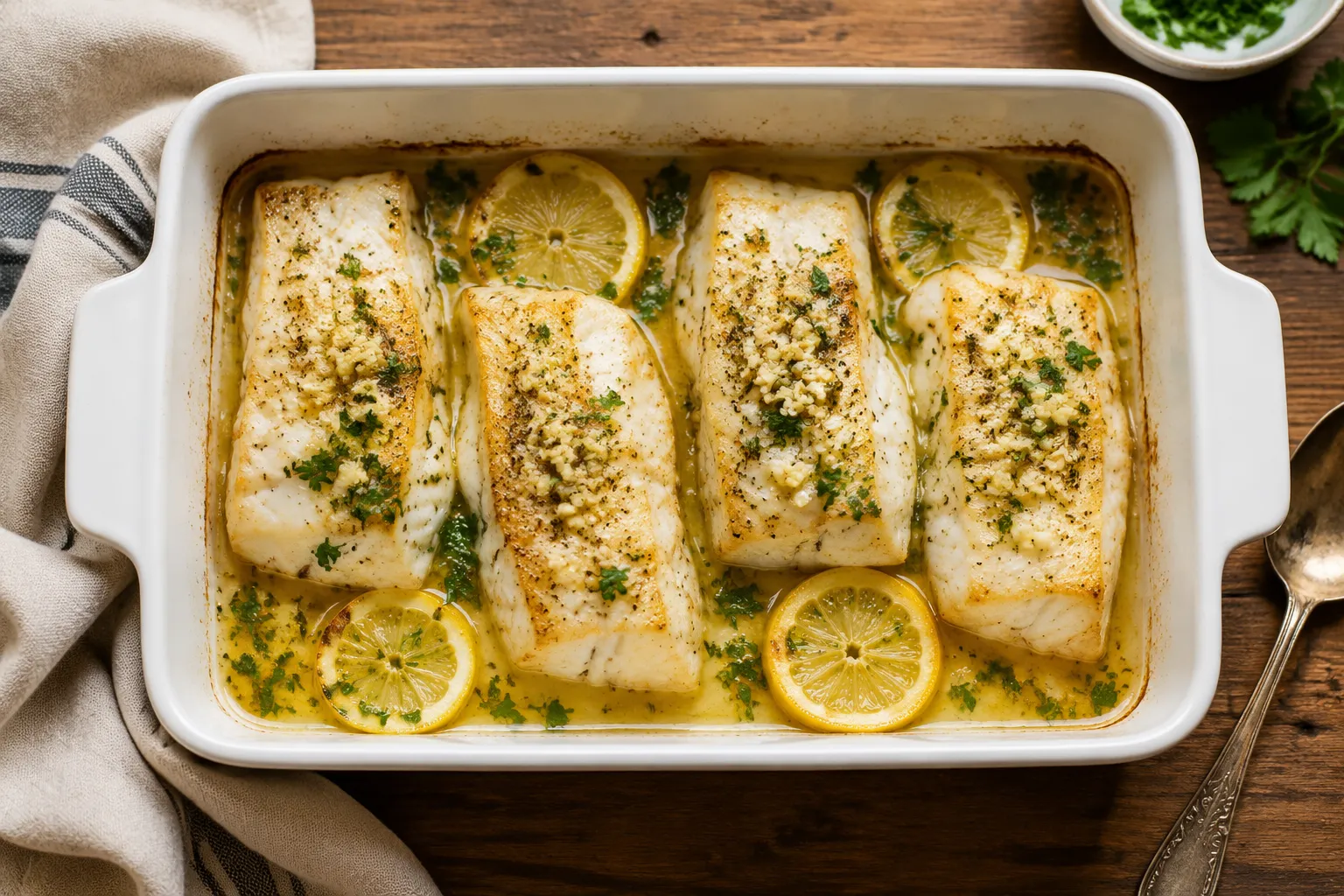 Finished cod fish recipe oven baked dish with parsley and lemon