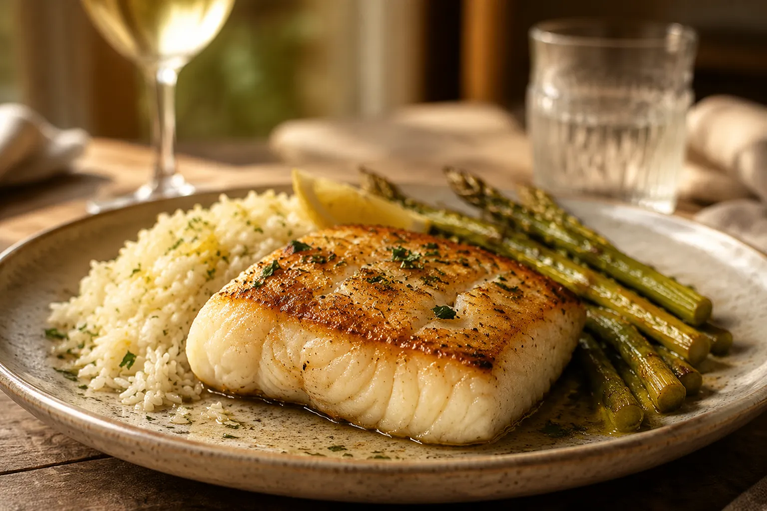 Baked cod served with roasted asparagus and lemon rice