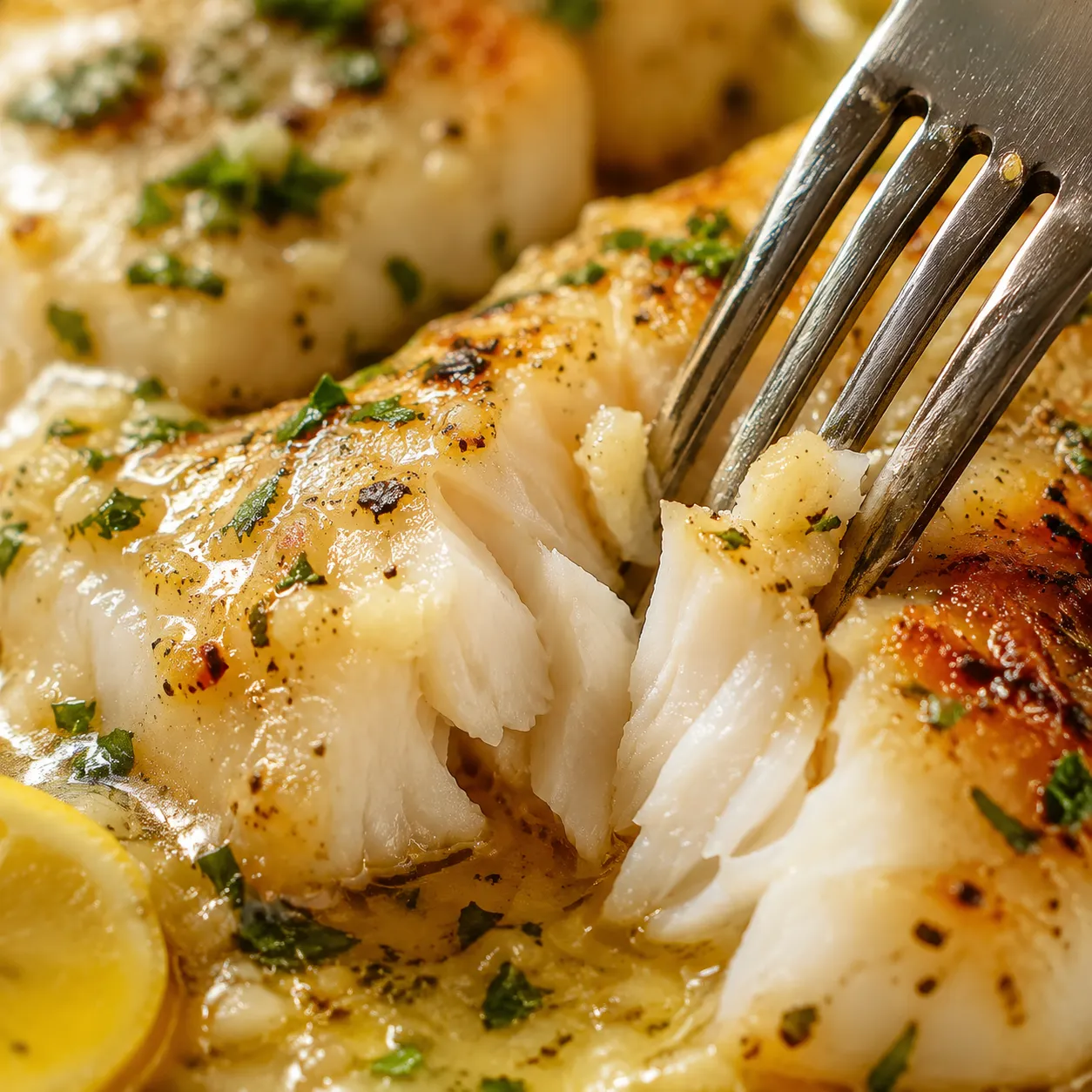 Flaky baked cod interior pulled apart with a fork